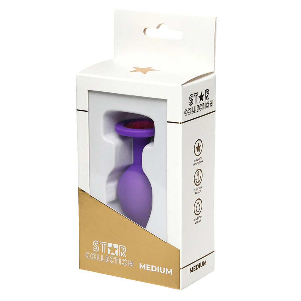 Anal Plug Medium Size With Rose Quartz Decoration Made Of Purple Silicone