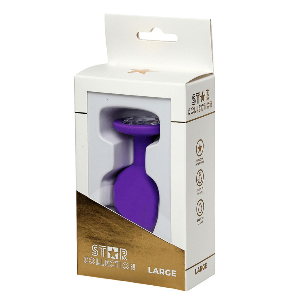 Anal Plug Size L Constricting Safe Base Purple Silicone Transparent Stone
