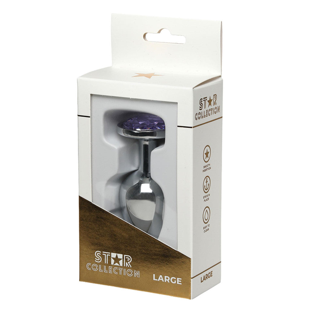 Star Collection Anal Plug Metal Polished Purple Stone Size L Silver