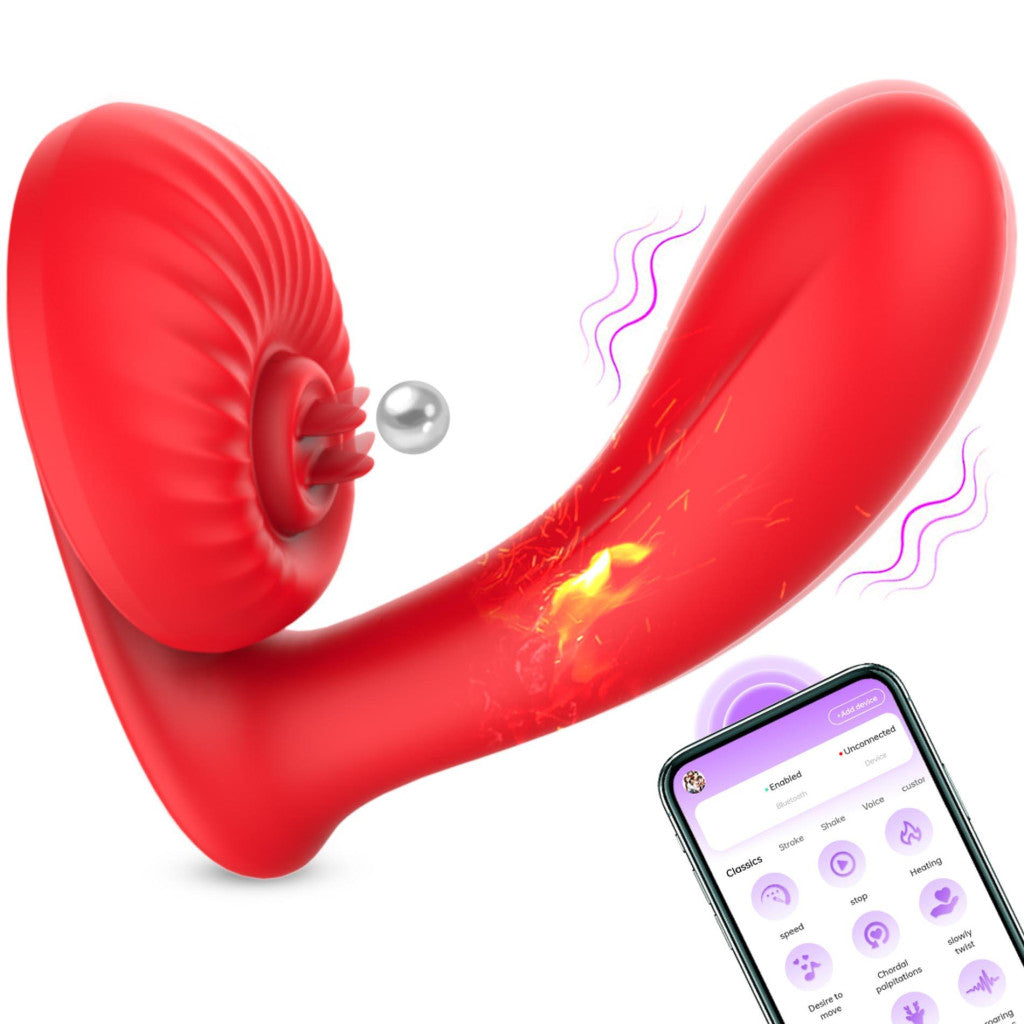 Silicone Vibrator 10 Vibration Modes Licking Function Heatable App Controlled 13.9 Cm Black