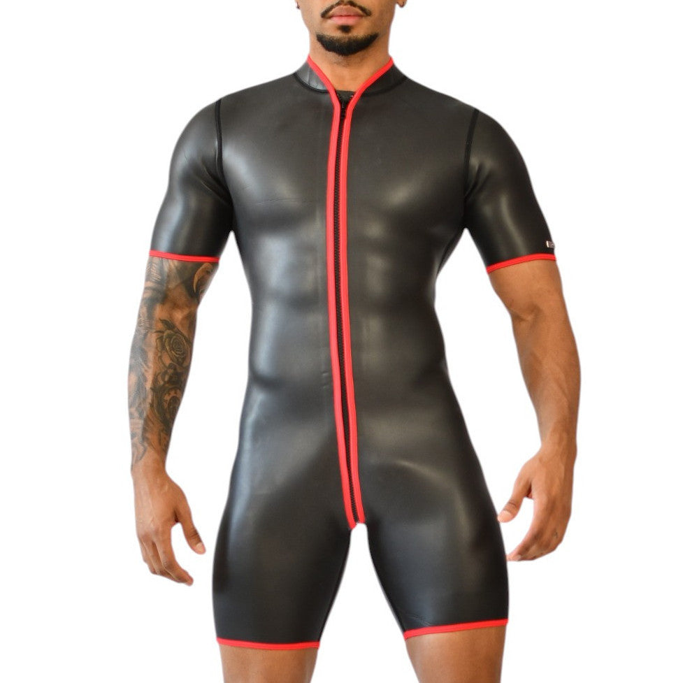 Xrub Neoprene Short Overall Front-back Zipper Black-red