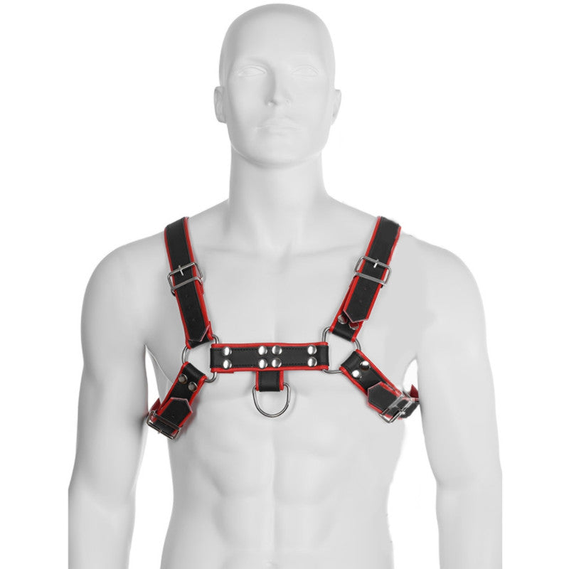 Leather Body Harness - With Chain Black/red