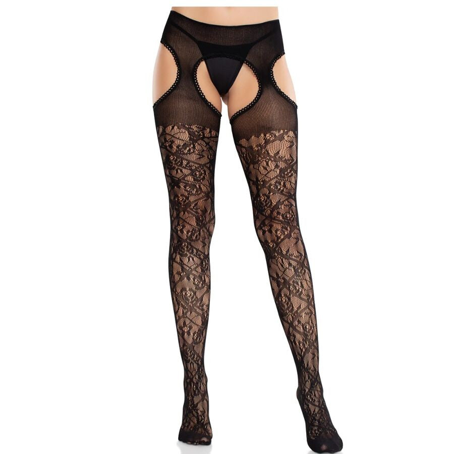 Leg Avenue – Floral Lace Garter Belt Black Stockings
