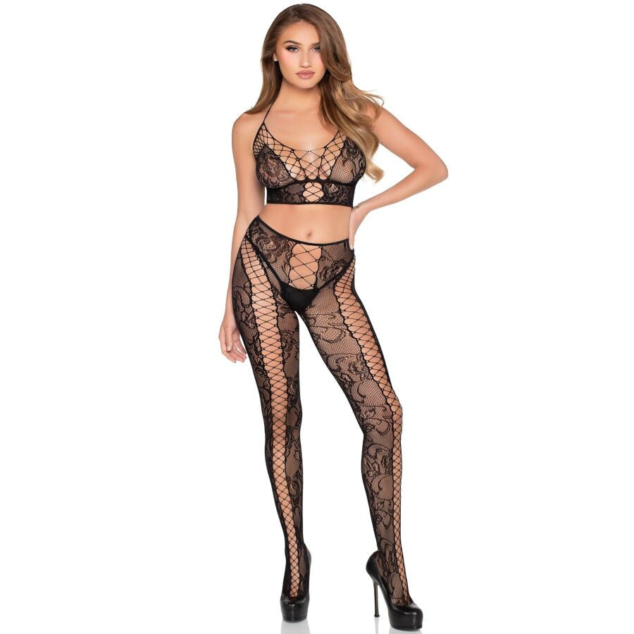 Leg Avenue Mesh And Lace Set Crop Top And Stockings Black One Size