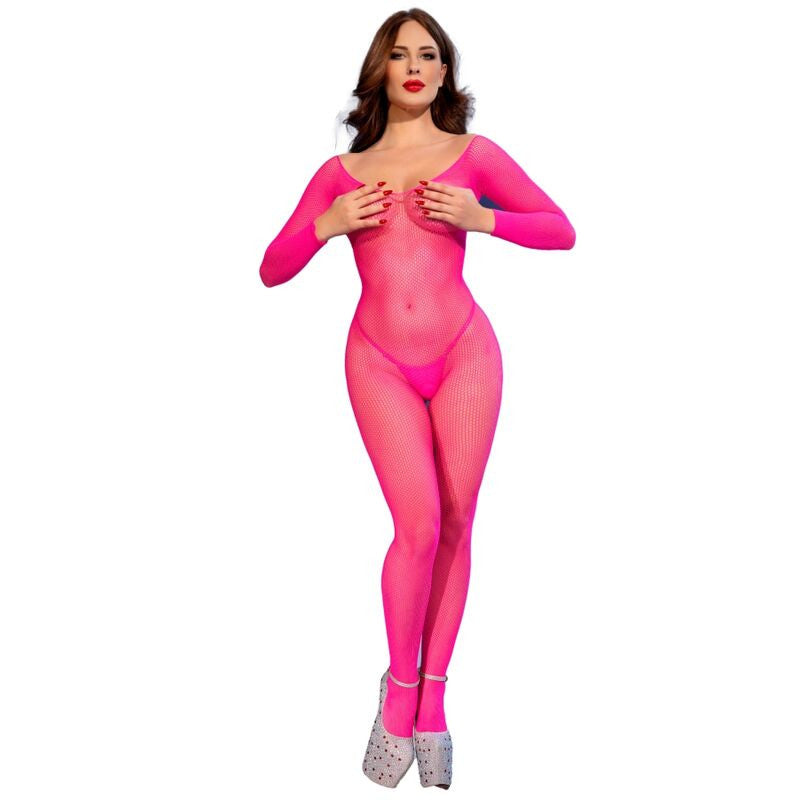 Chilirose Bodystocking Neon Pink S/m Long Sleeve Mesh Material