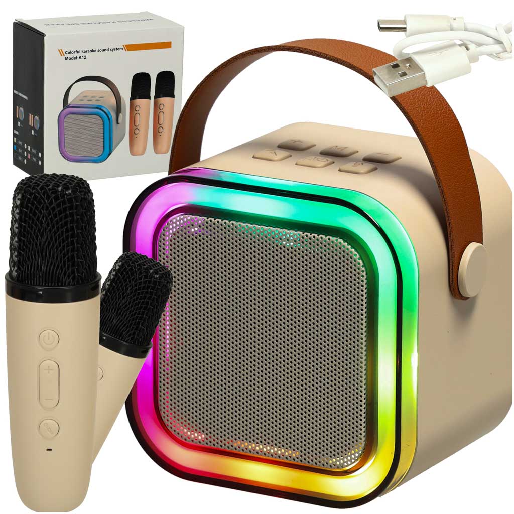 Karaoke-Set, 2 Mikrofone + tragbarer Lautsprecher, Bluetooth, USB, LED, Beige