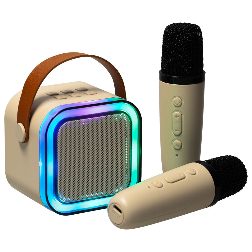 Karaoke-Set, 2 Mikrofone + tragbarer Lautsprecher, Bluetooth, USB, LED, Beige