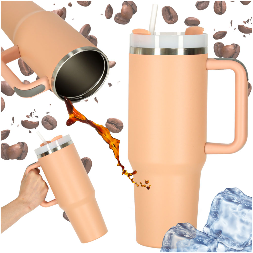 Cana Termica Cu Paie Si Maner Thermos 1200ml Roz Pudra
