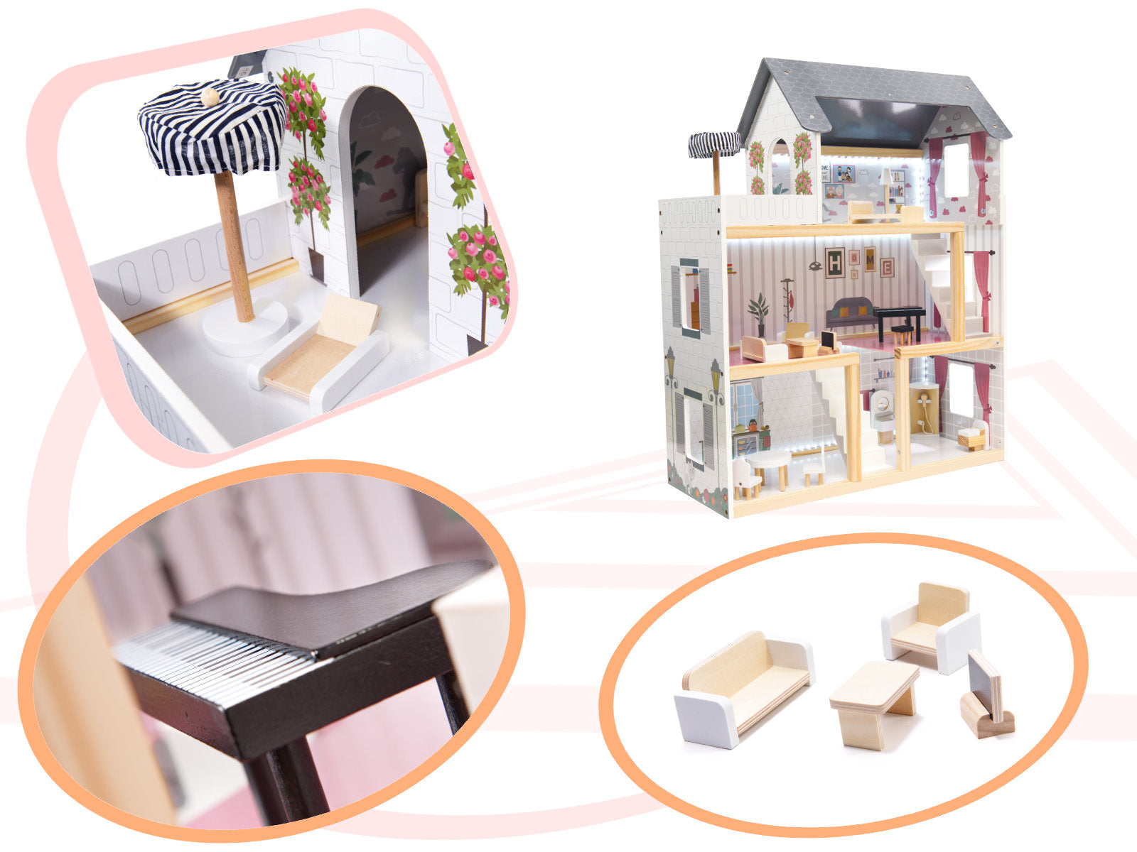 Mdf Wooden Doll House + Furniture 78cm Black Led