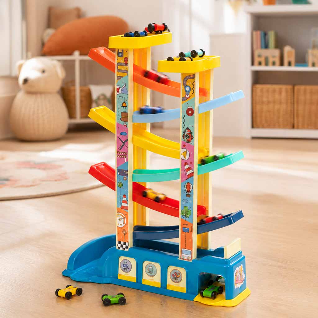 Car Track Slide Garage + 8 Cars