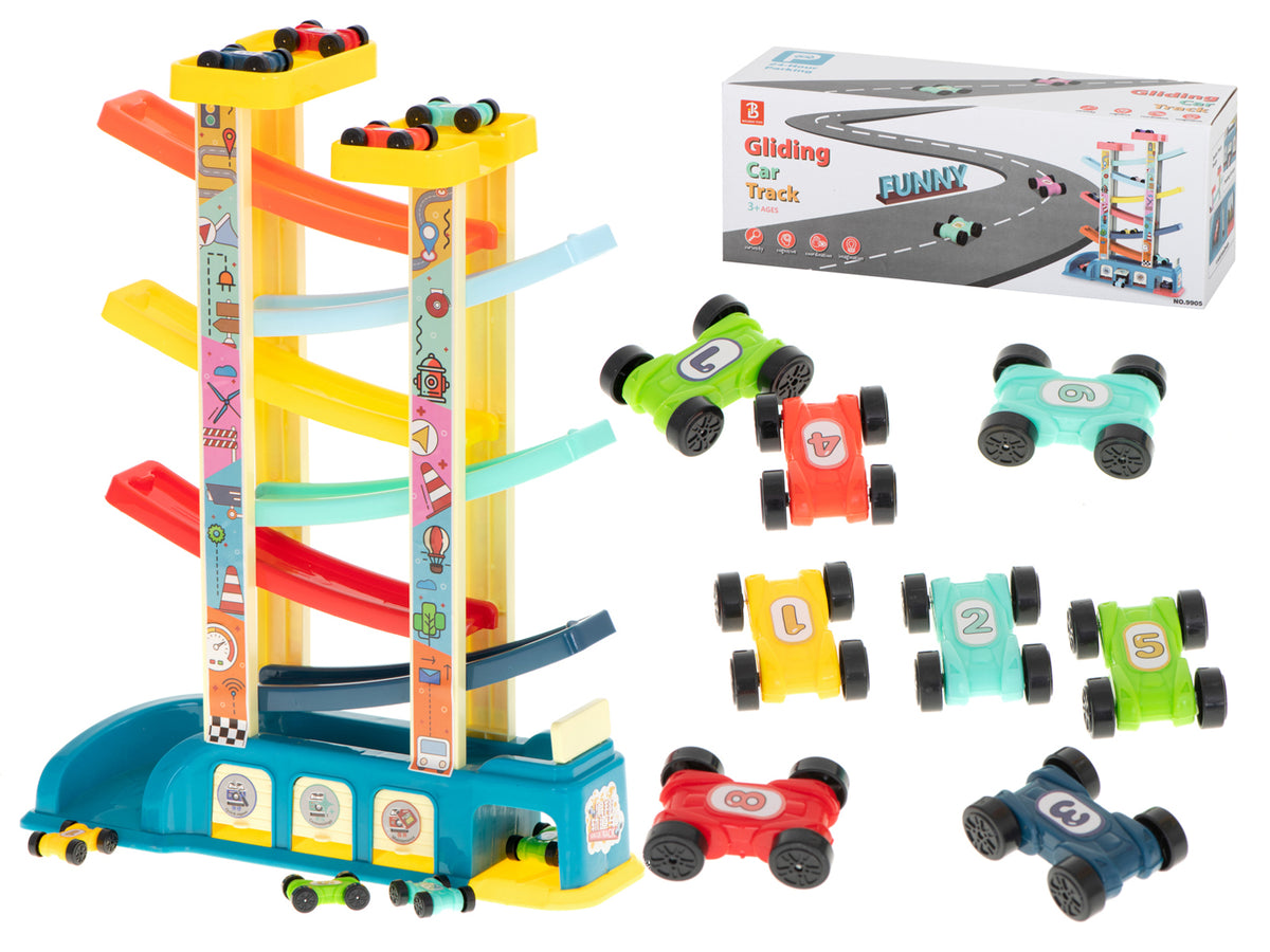 Car Track Slide Garage + 8 Cars
