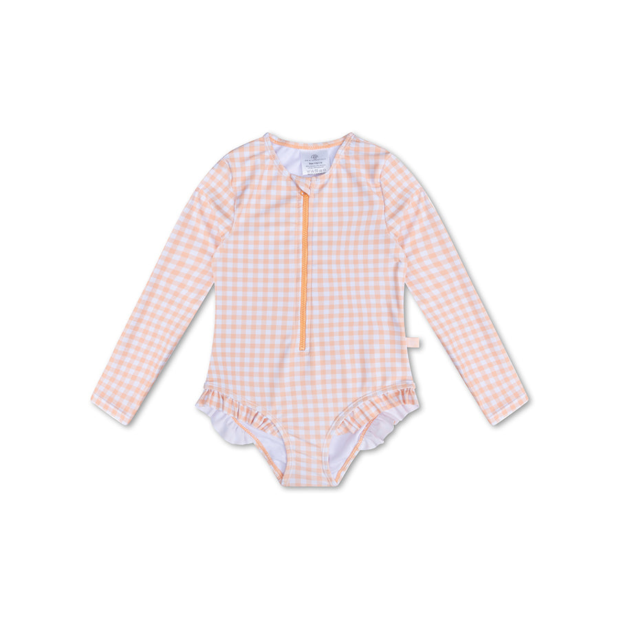 Swim Essentials Uv Swimsuit Girls With Sleeves - Orange/white - Sunset Grid