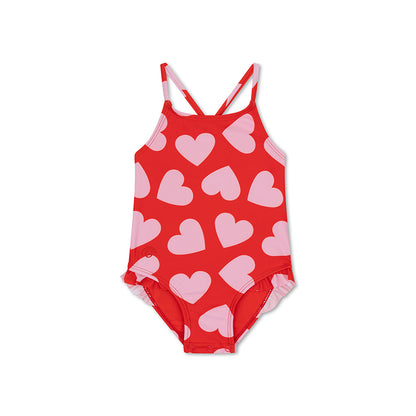 Swim Essentials Бански костюм за момичета - Червен - Сърца