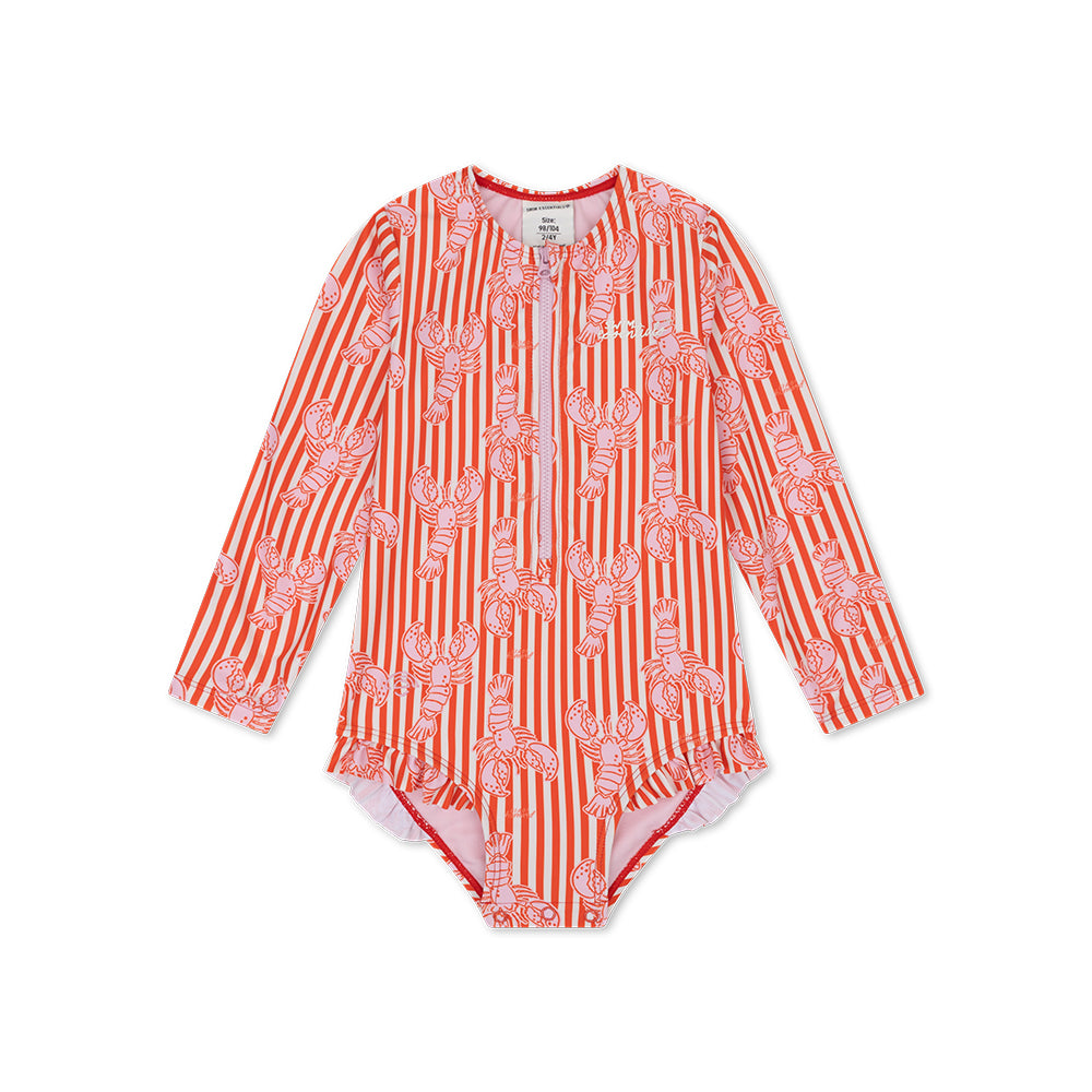Swim Essentials Uv Бански костюм за момичета с дълги ръкави - Червен - Lobster Bay