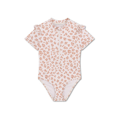 Swim Essentials Swimsuit Girls With Short Sleeves - Beige - Leopard