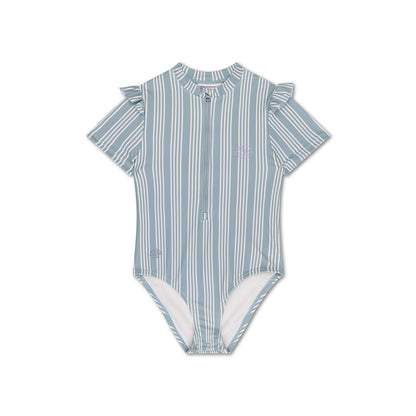 Swim Essentials Swimsuit Girls With Short Sleeves - Green/white - Resort Stripe