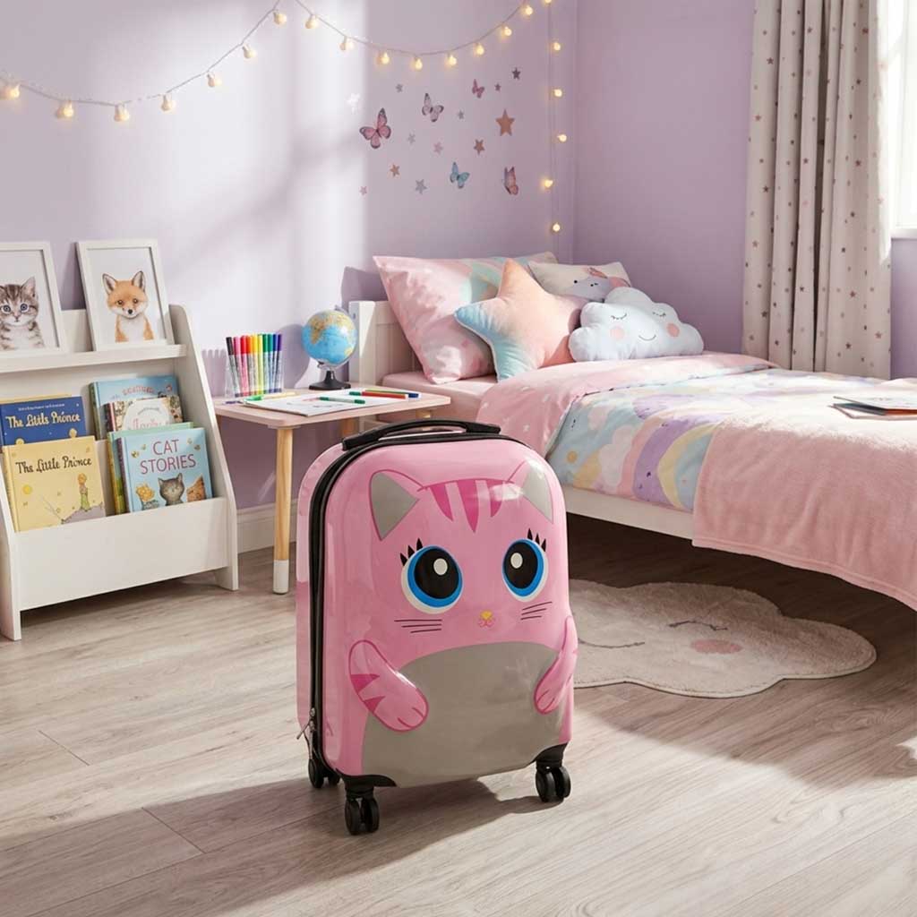 Children's Travel Suitcase On Wheels Cat Pink
