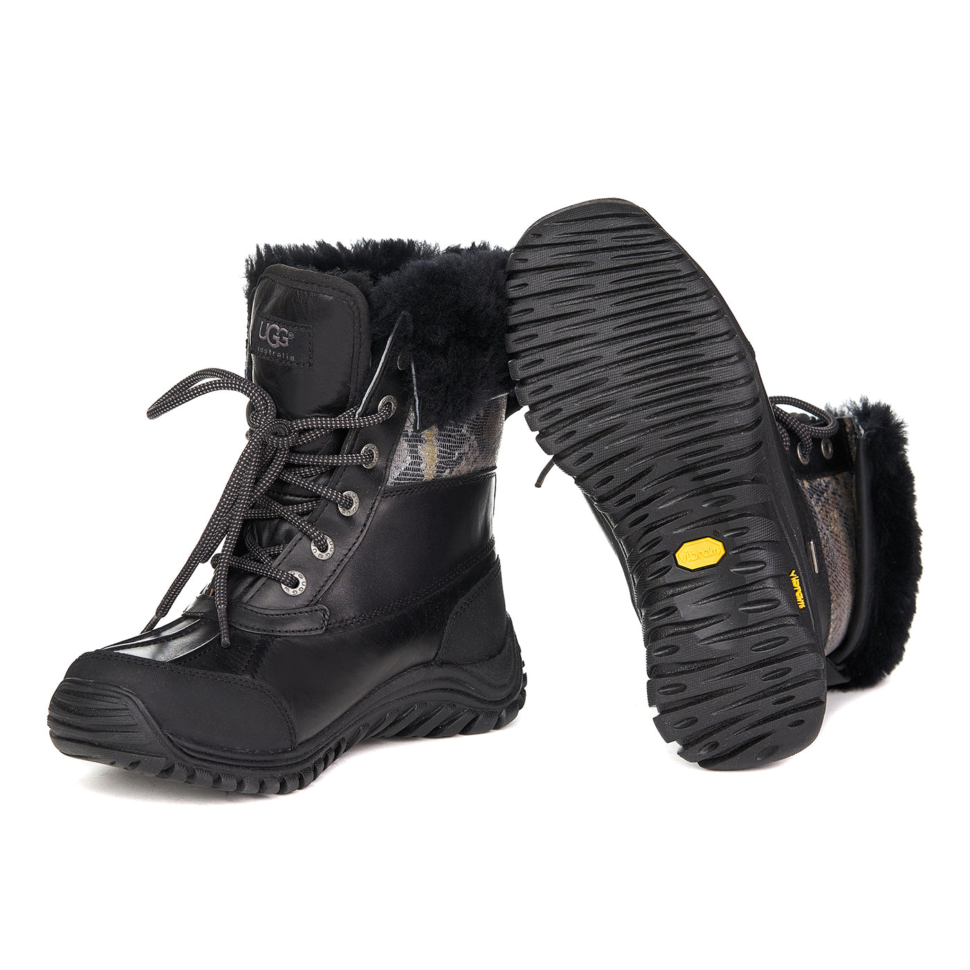 Ugg Adirondack Ii Bottes De Neige Serpent Cuir Véritable Doublé De Fourrure Noir