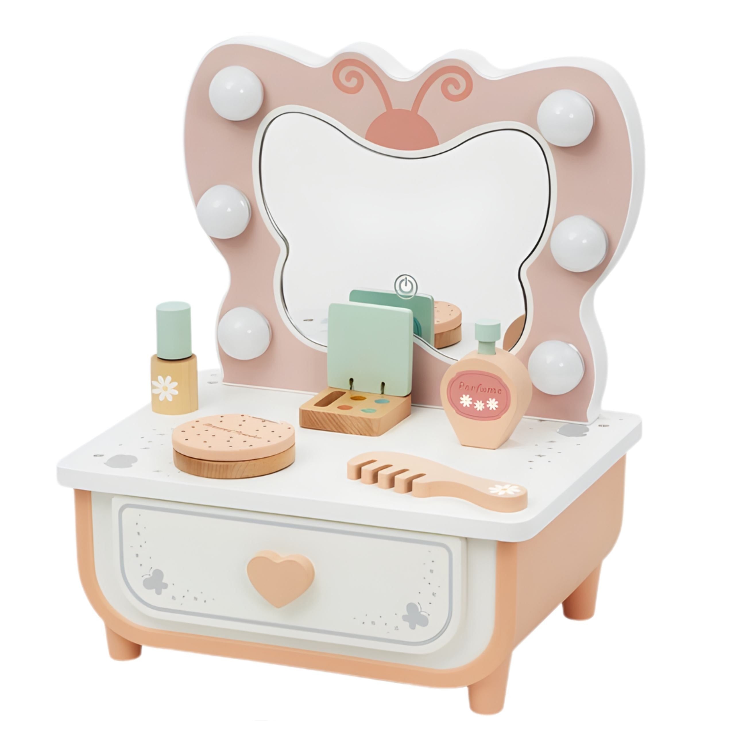 Tooky Toy Wooden Butterfly Dressing Table Accessories Mirror With Led Lighting + Cosmetics