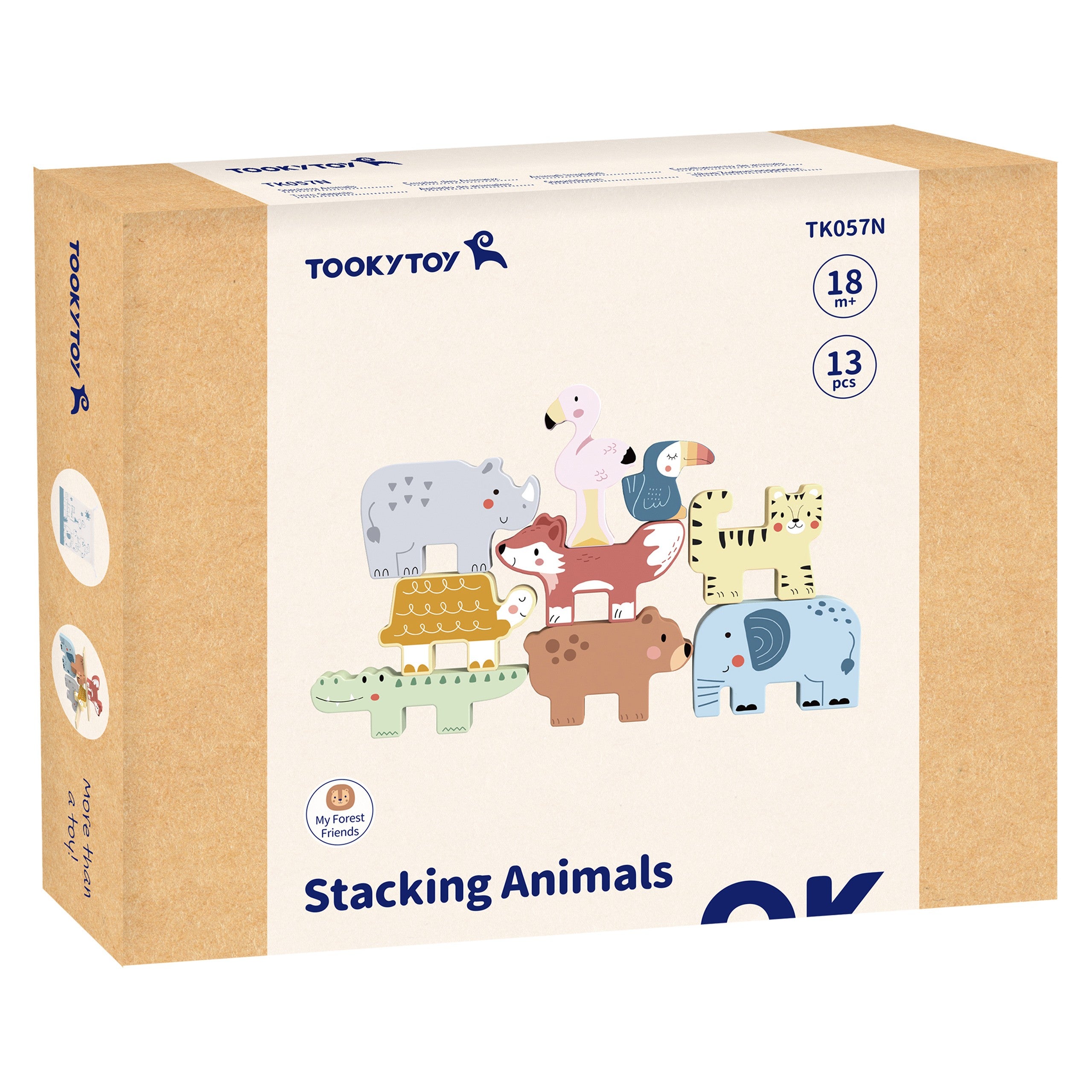 Tooky Toy Wooden Blocks Puzzle Tower Stacker Stacks Animals Montessori 13 Pcs.