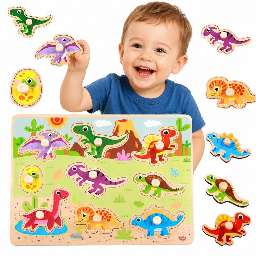 Tooky Toy Puzzle Montessori in legno con forme di dinosauri