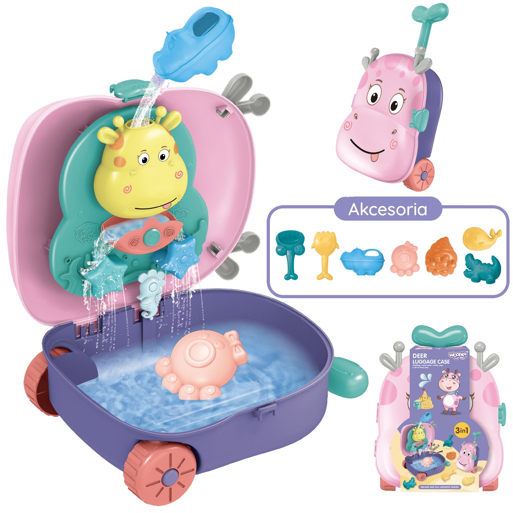 Комплект пясъчник Woopie 3 в 1: куфар с елен + водна играчка