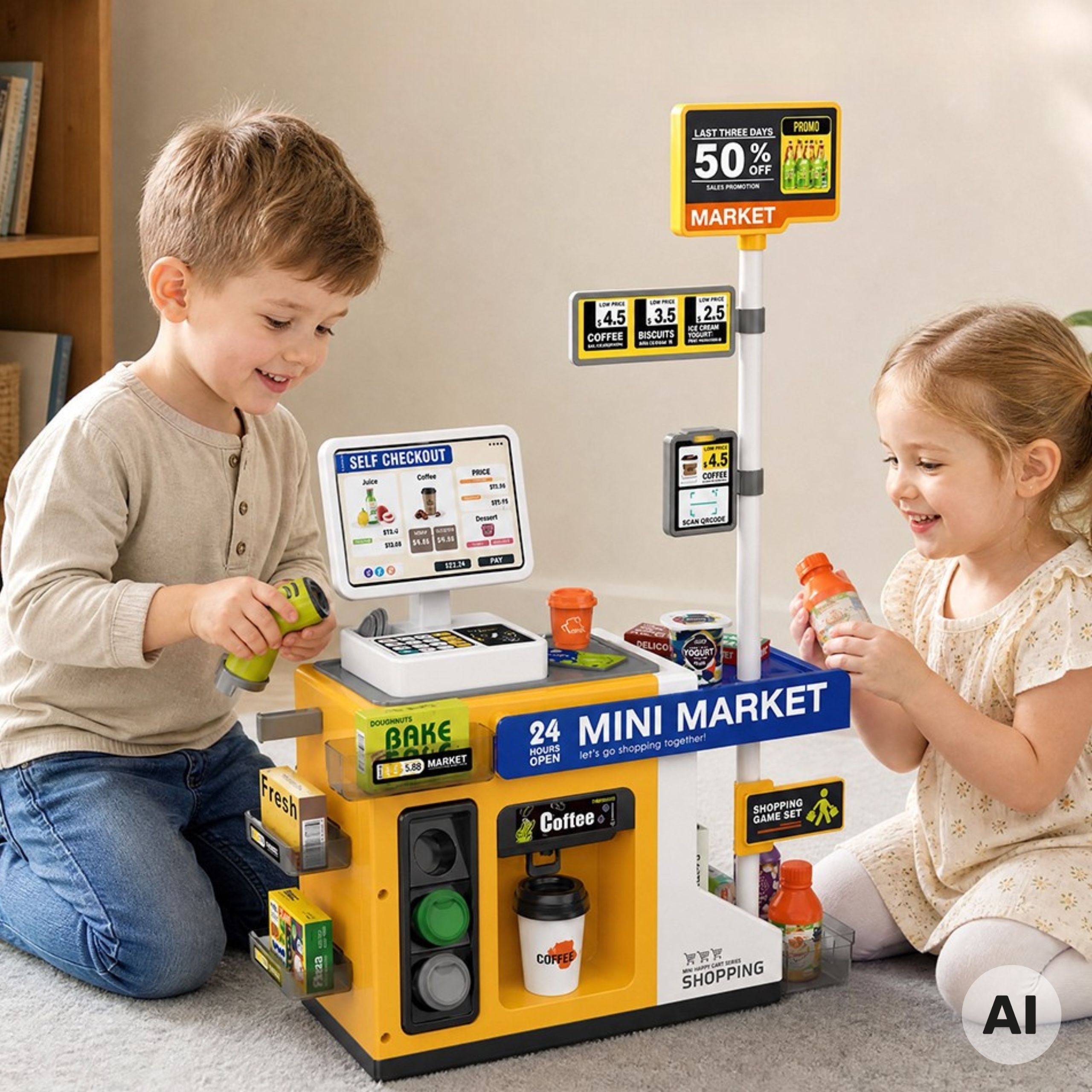 Woopie Mini Market Interactive Cash Register Scanner Accessories Sounds Light