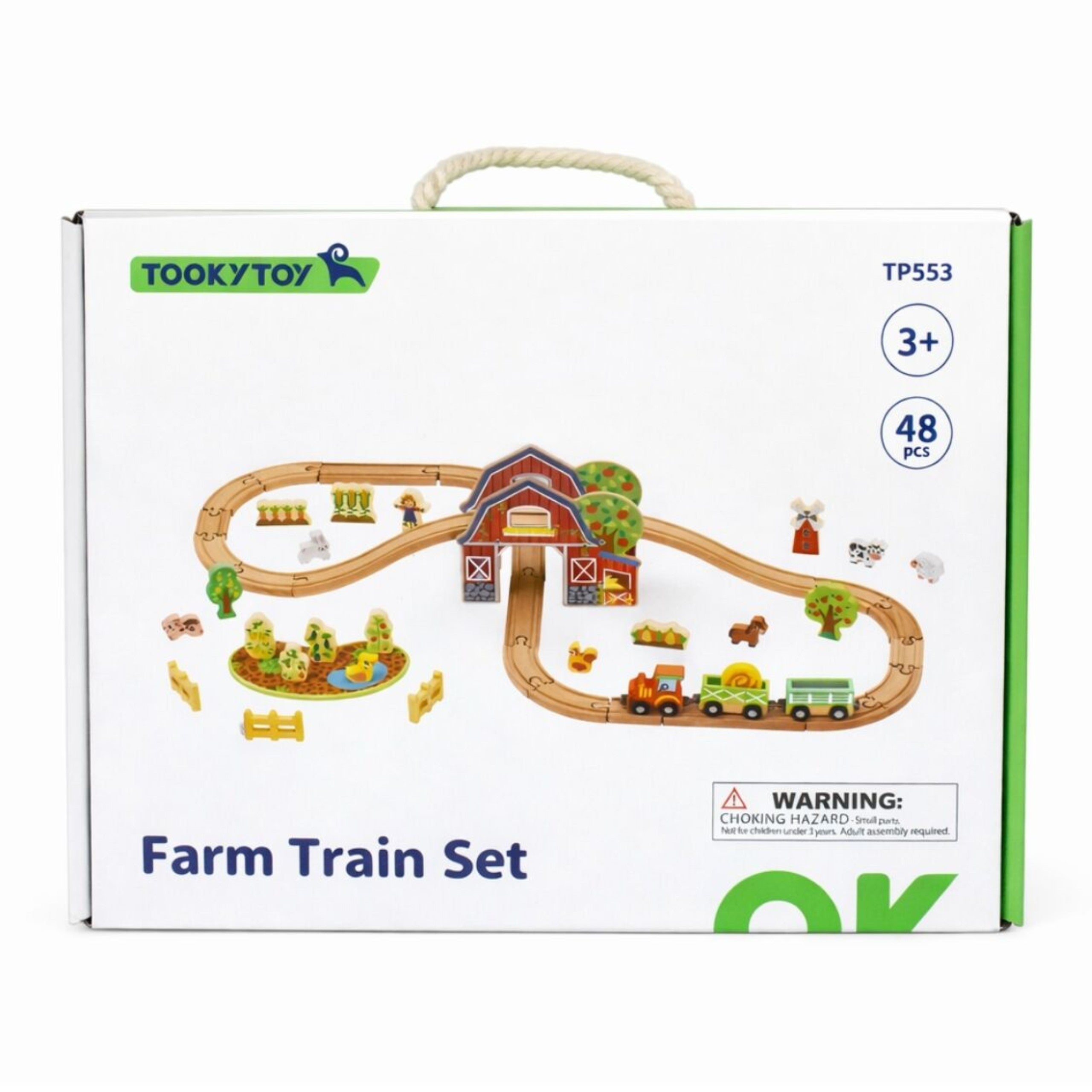 Tooky Toy Bauernhof-Eisenbahn-Set aus Holz, 48-tlg.