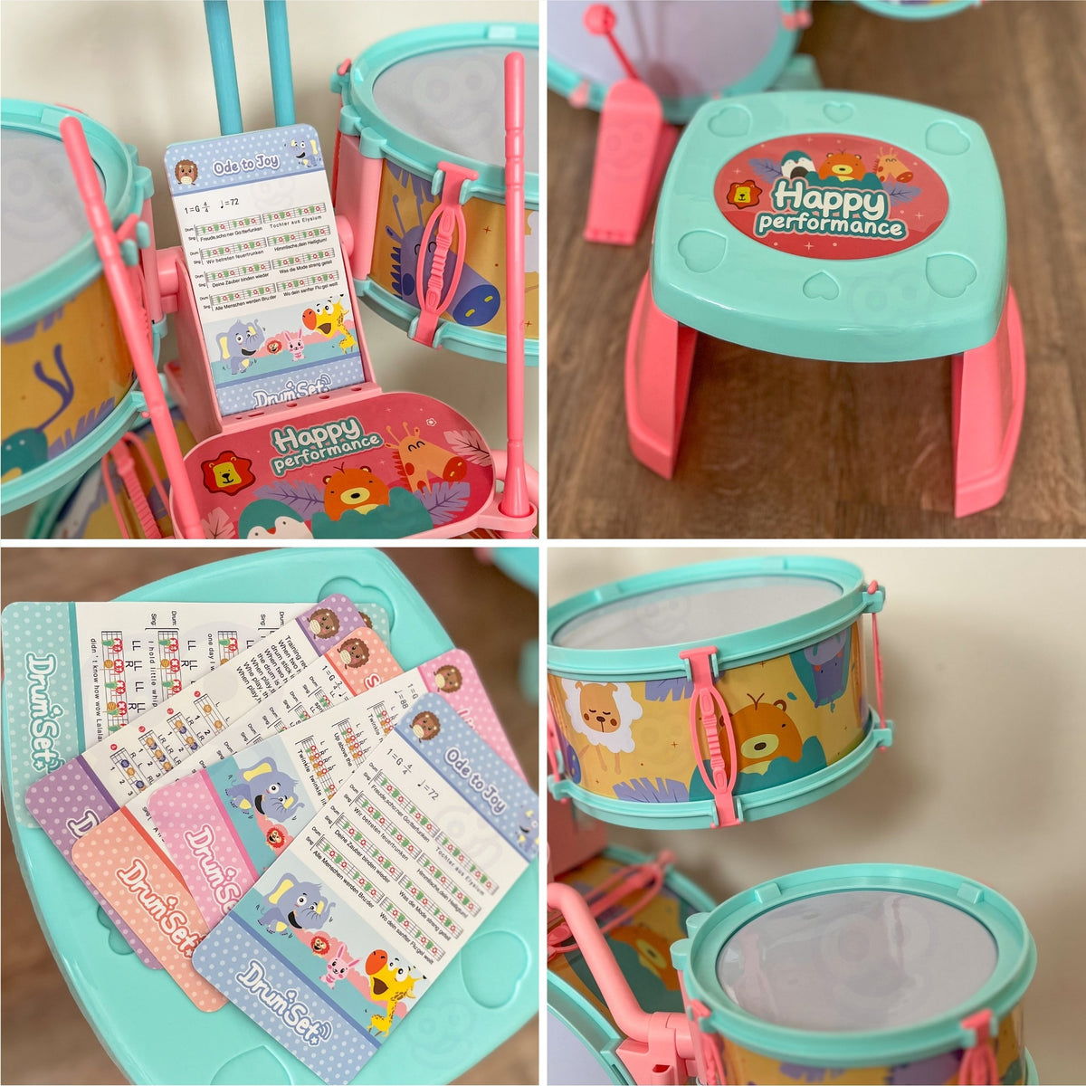 Woopie Percussioni Educative Per Bambini 5 Tamburi 1 Piatto + Sgabello a tema Animali