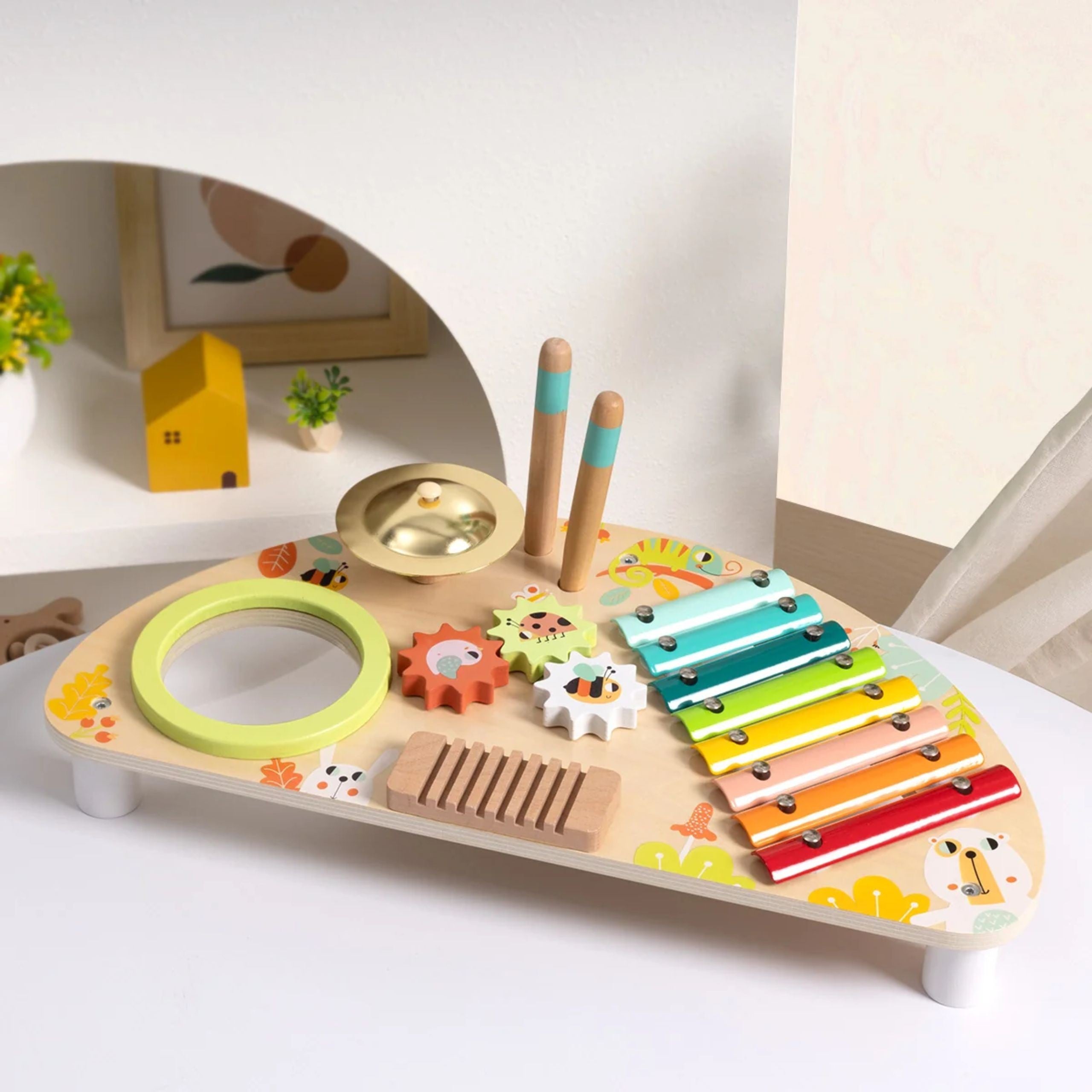 Tooky Toy Strumento multifunzionale Centro musicale Xilofono Ingranaggi Grattugia Tamburo Bacchette per piatti