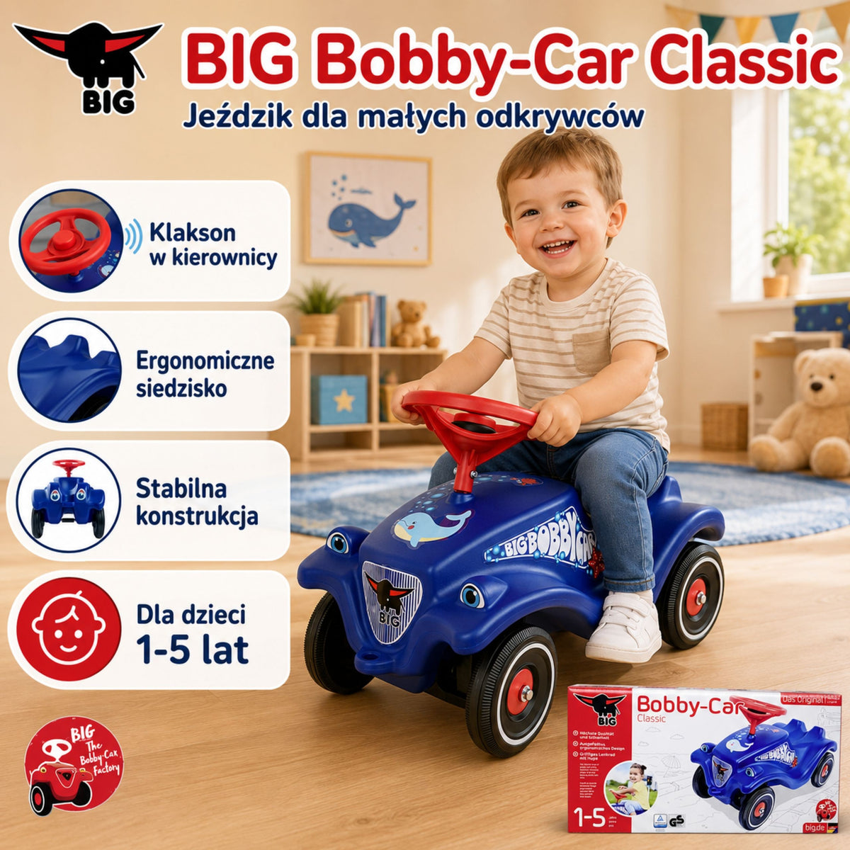 Duży, klasyczny pojazd Bobby Car z rysunkiem delfinów