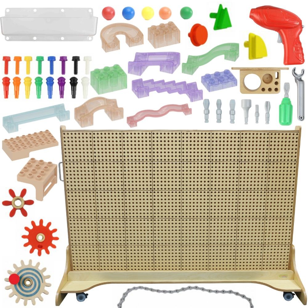 Masterkidz Placă de perete cu tulpină de sine stătătoare 166 X 125 Cm + Accesorii: Cuițe Roți dințate Blocuri Instrumente Sine cu bile