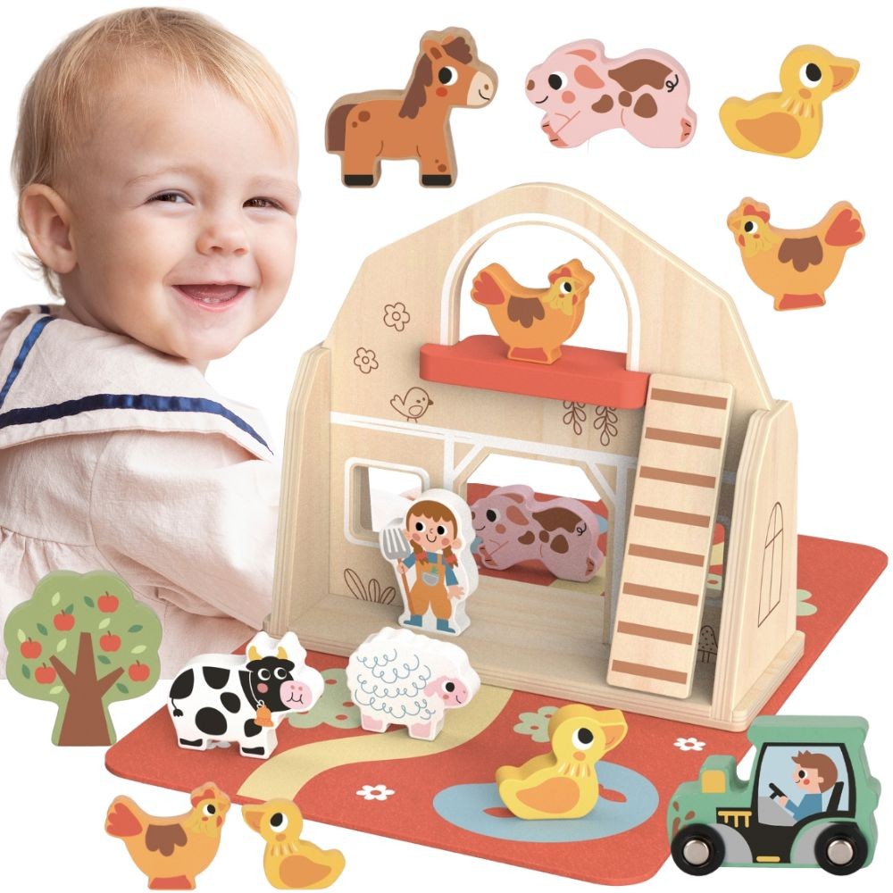 Tooky Toy Fattoria pieghevole in legno in una valigia con animali