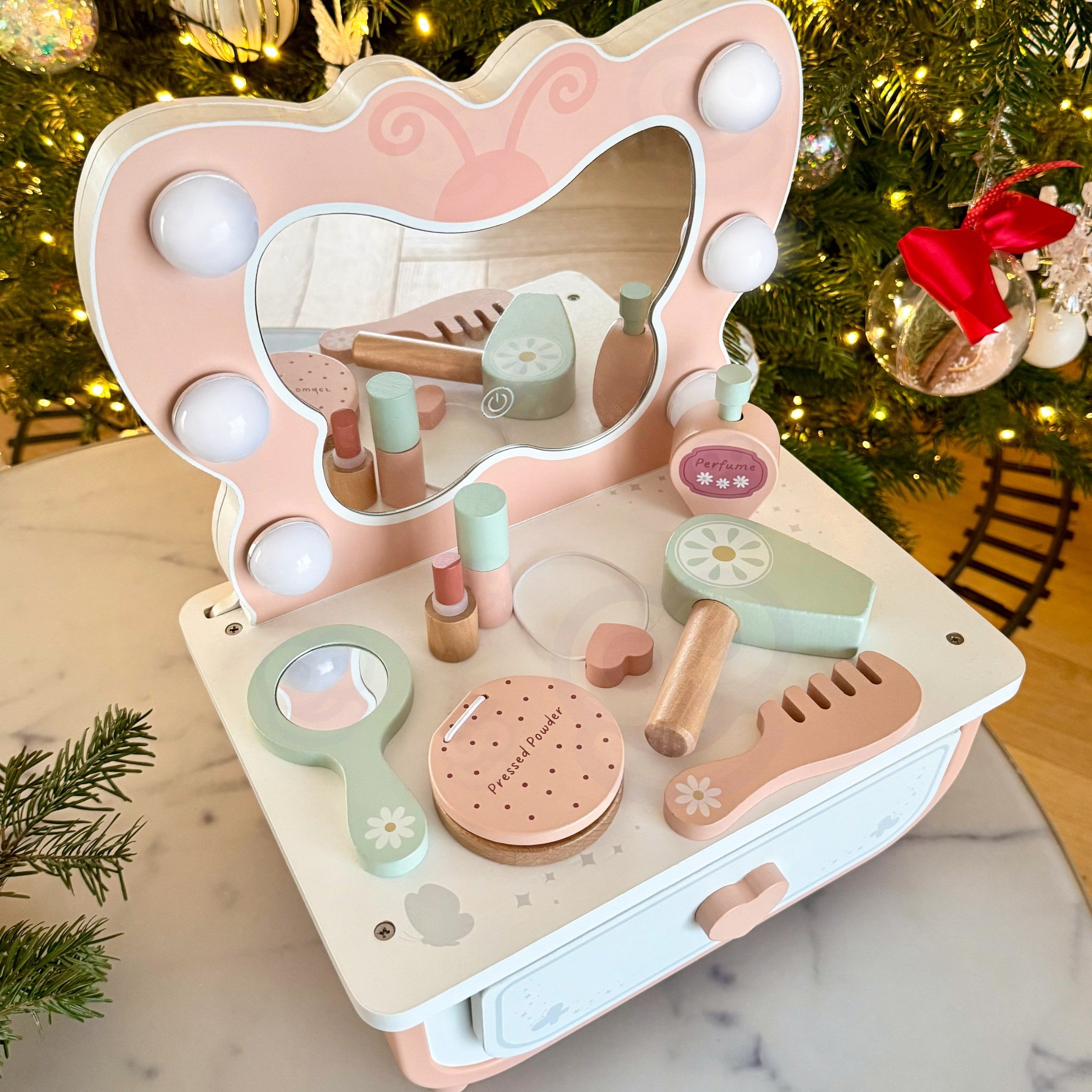 Tooky Toy Wooden Butterfly Dressing Table Accessories Mirror With Led Lighting + Cosmetics