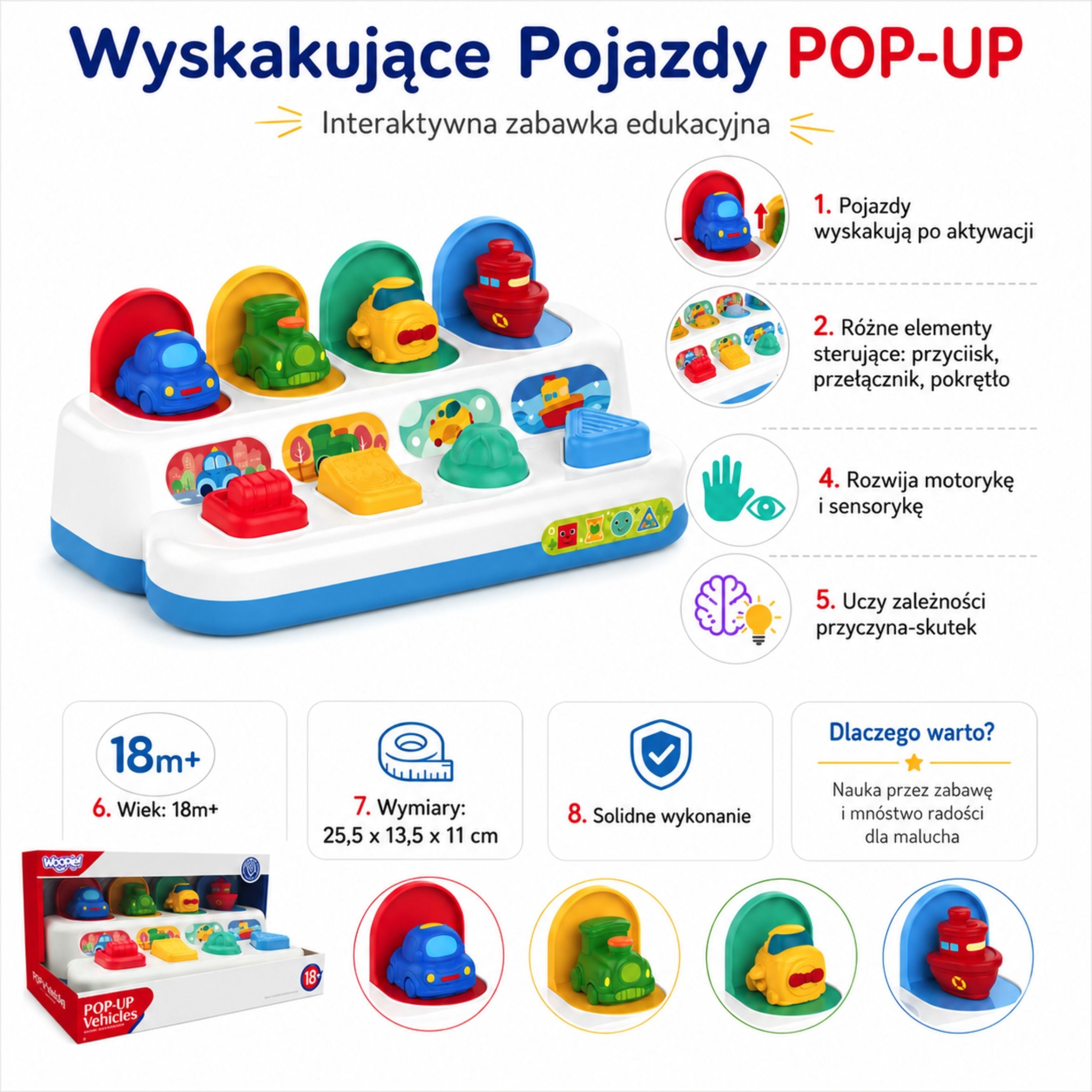 Woopie Бебешка образователна играчка Изскачащи превозни средства