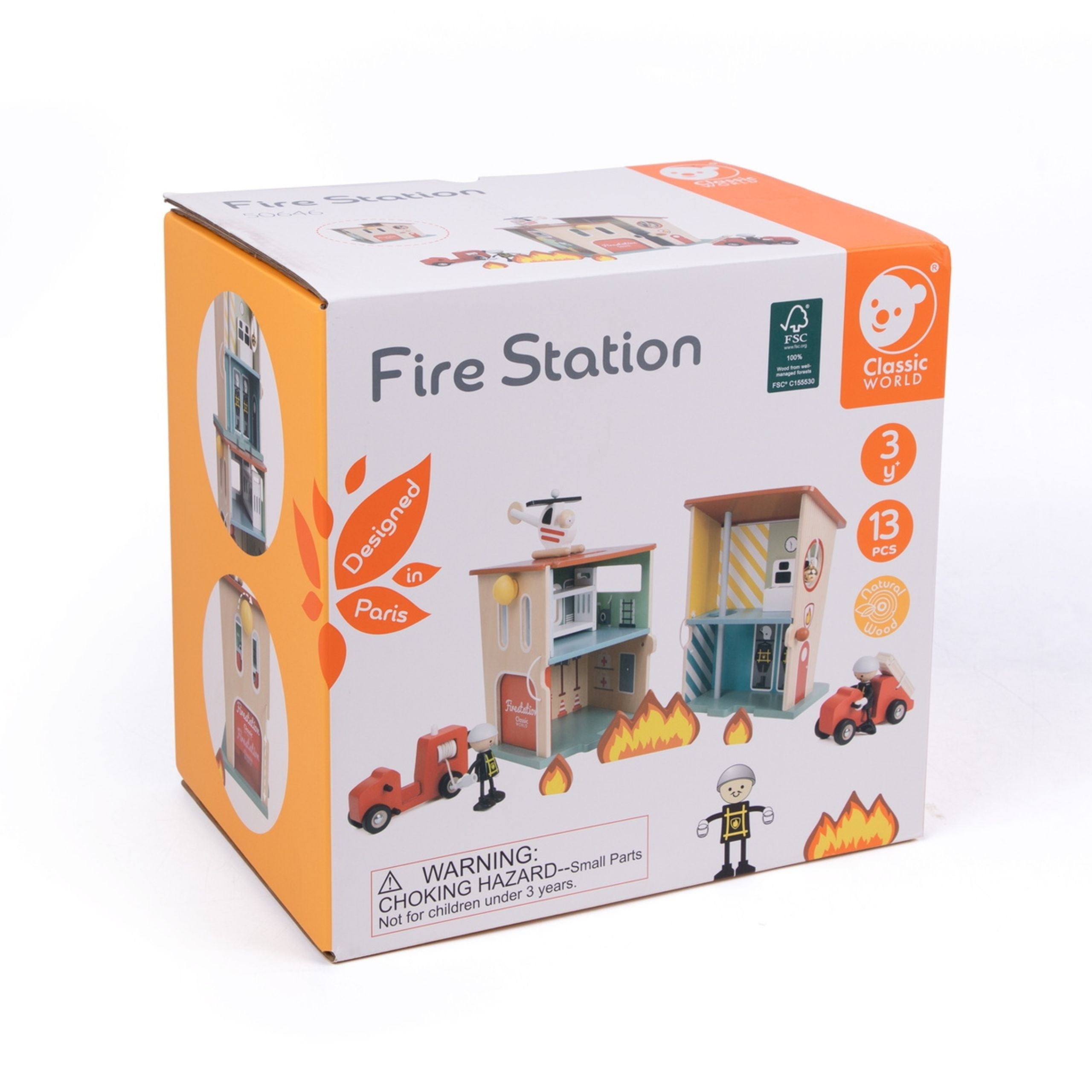 Classic World Wooden Fire Station Garage Car Helicopter Figures 13pcs.
