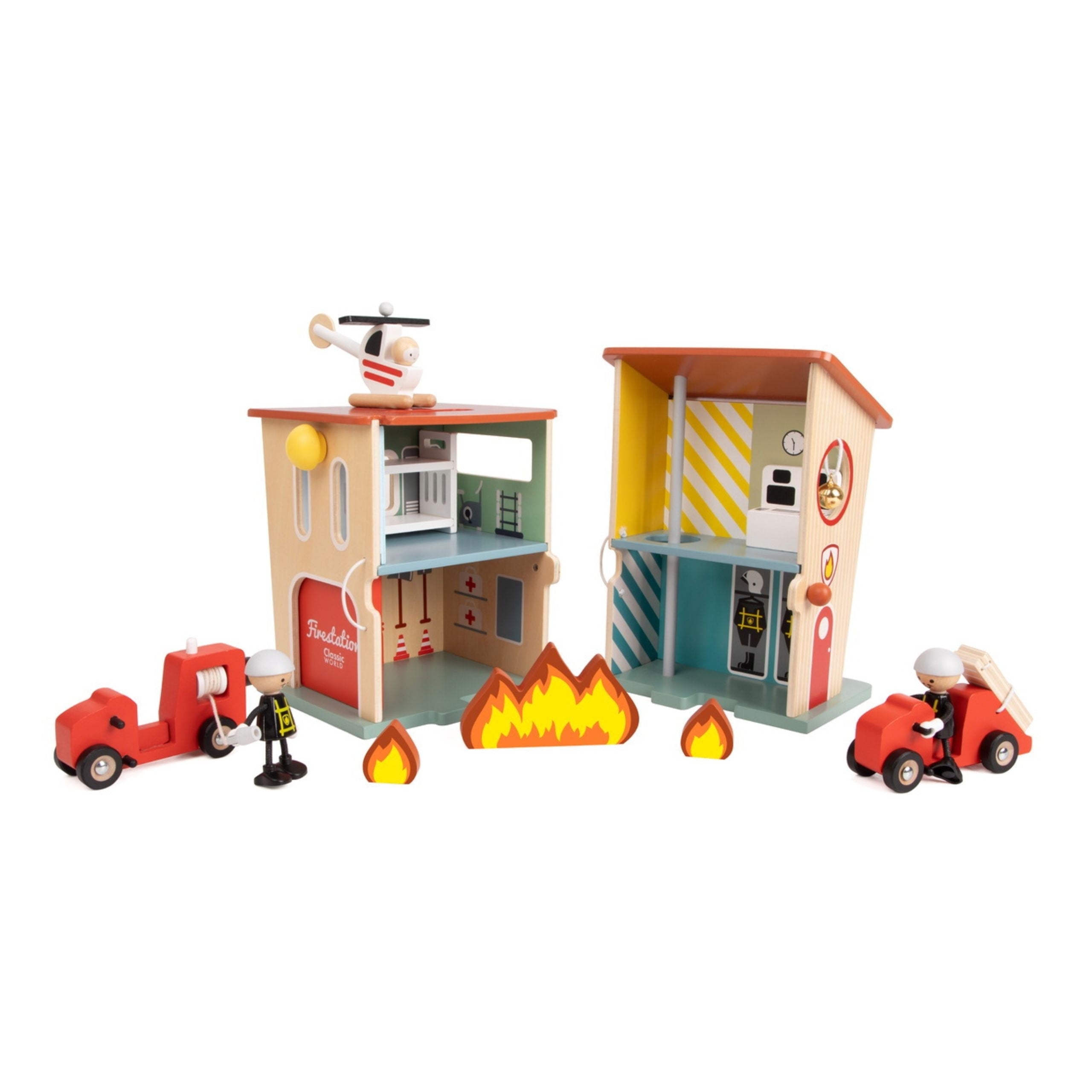Classic World Wooden Fire Station Garage Car Helicopter Figures 13pcs.