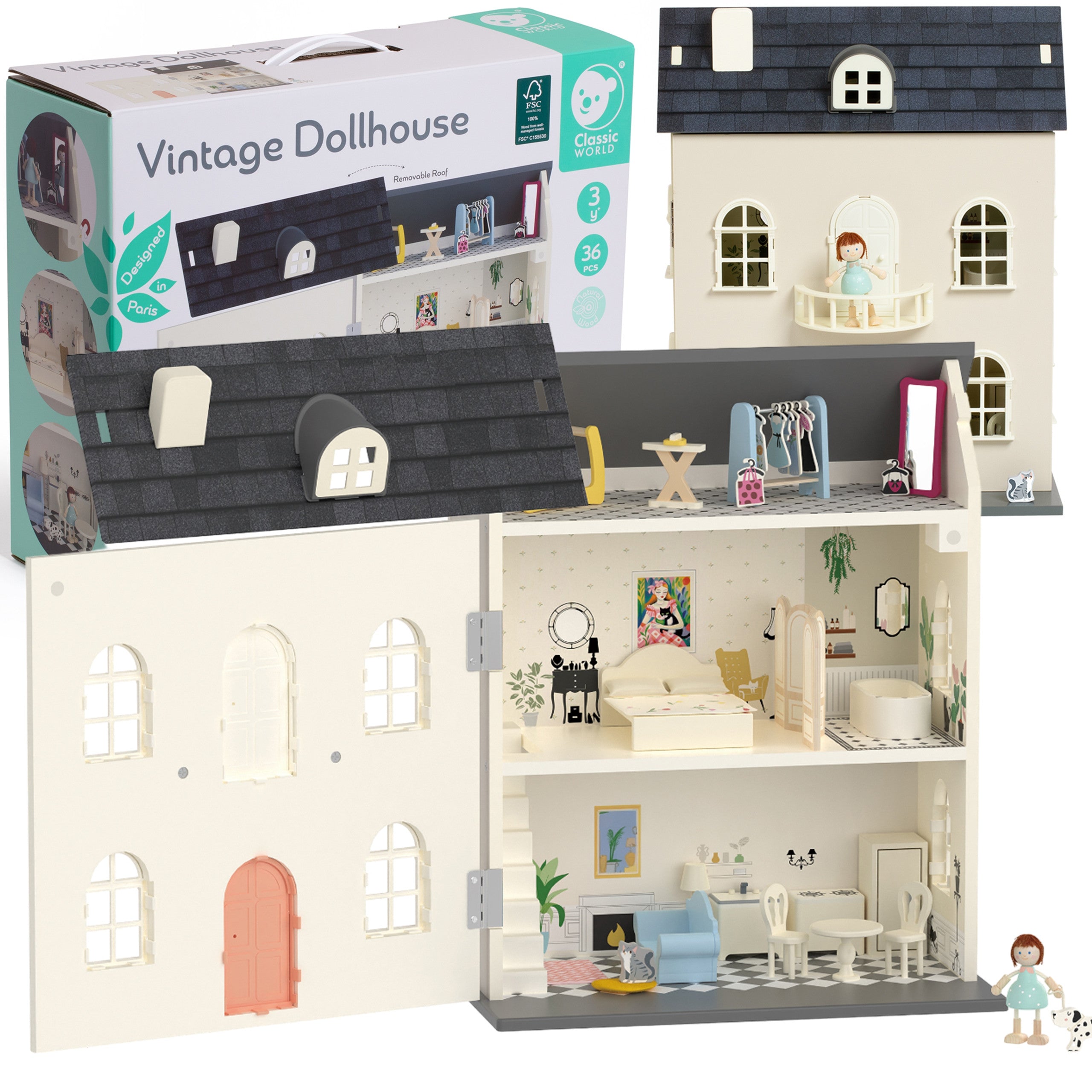 Klassieke wereld houten vintage poppenhuis