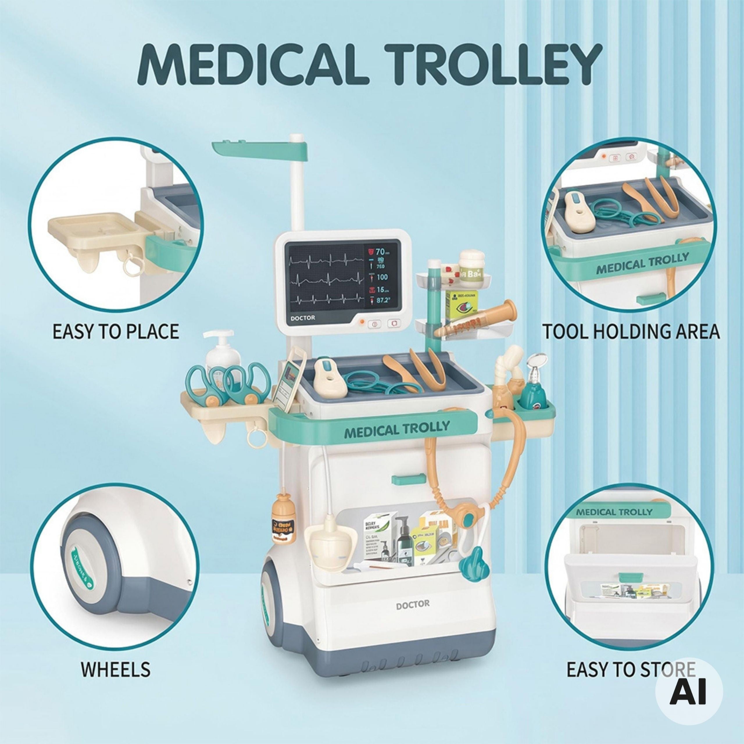 Woopie Doctor's Trolley Set Little Doctor Ekg Sound Light Adjustable 26pcs