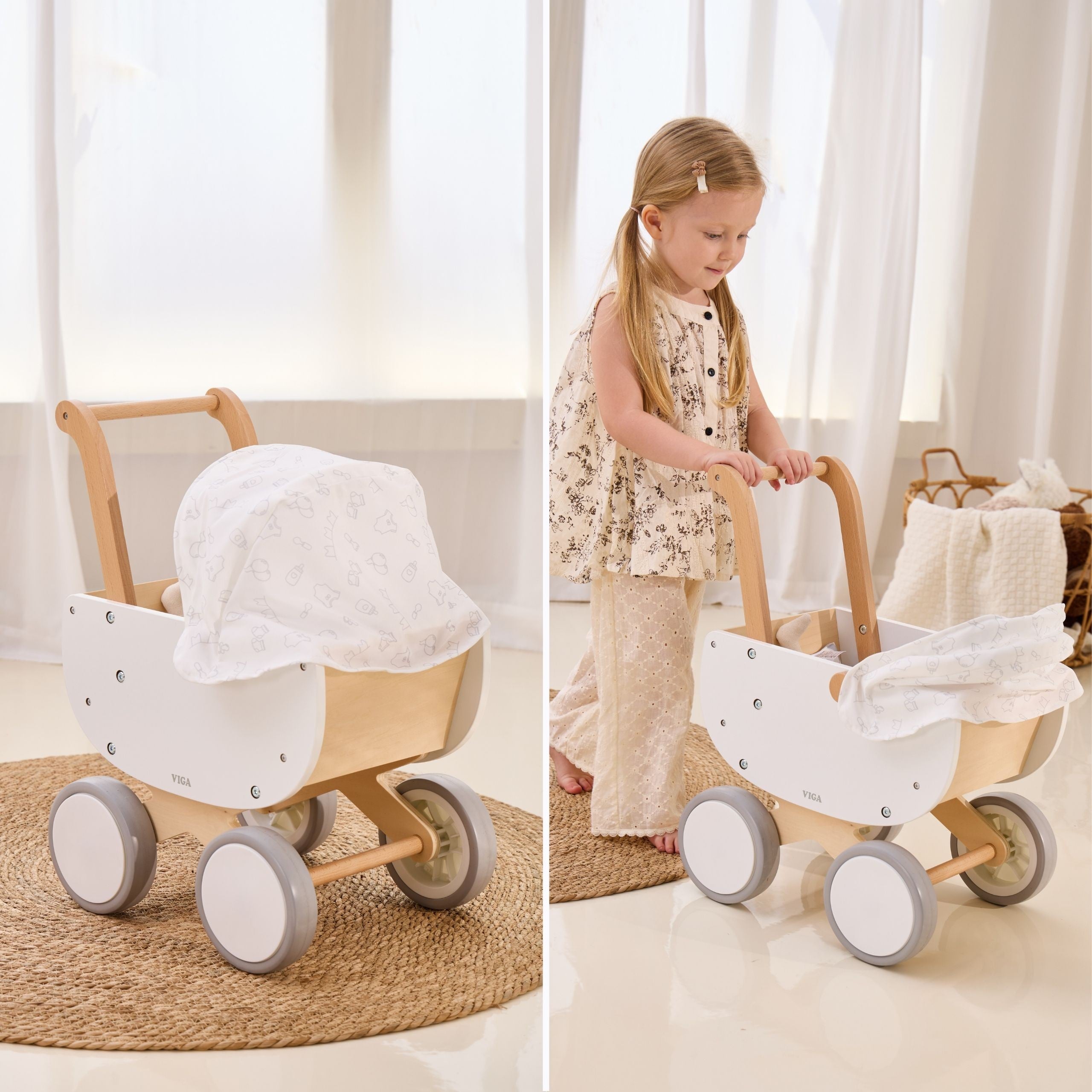 Landau de poupée en bois Viga avec gondole