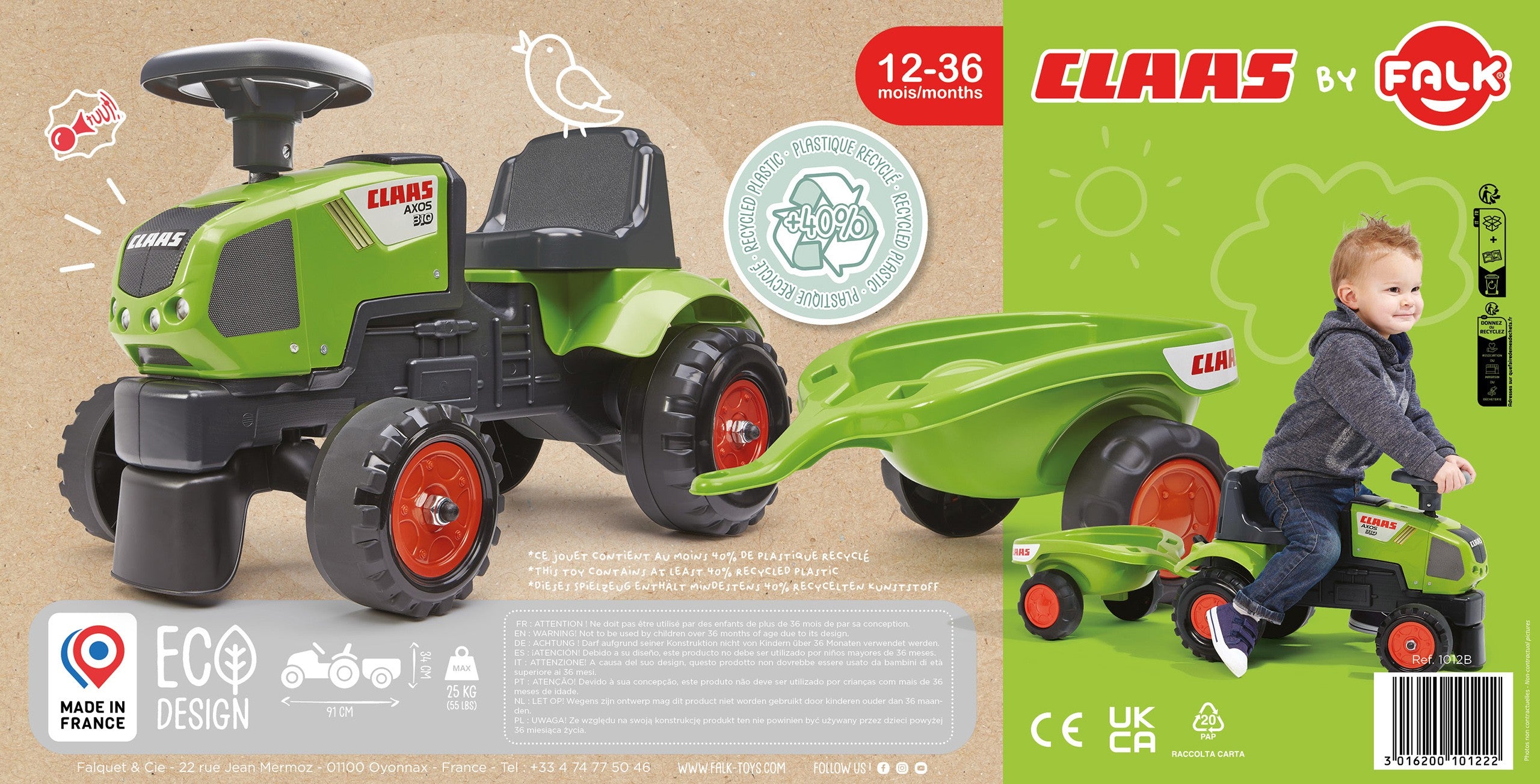 Falk Baby Claas Axos 310 Grüner Traktor mit Anhänger ab 1 Jahr