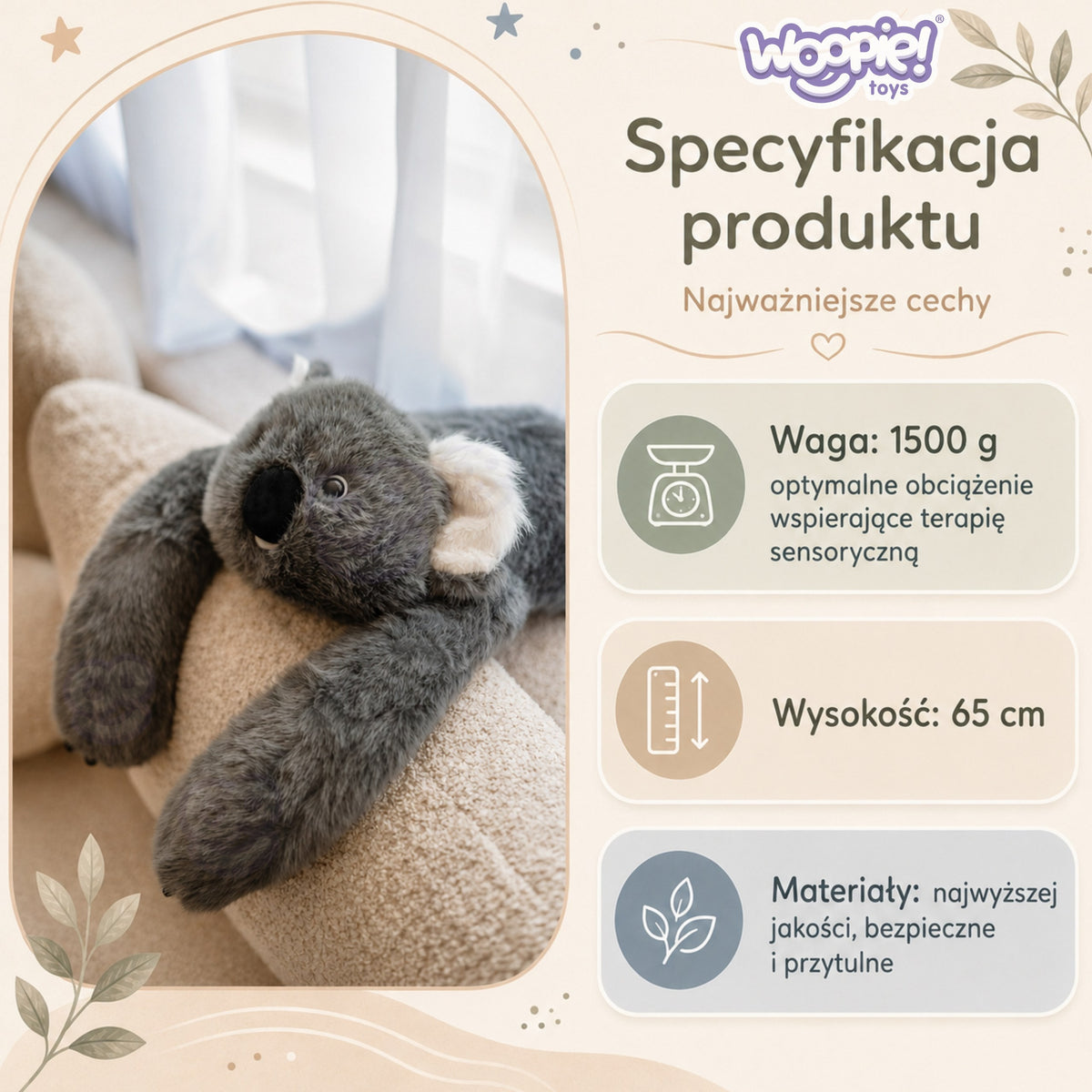 Woopie Koala Антистрес сензорна плюшена играчка с тежести 65 см 1500 г