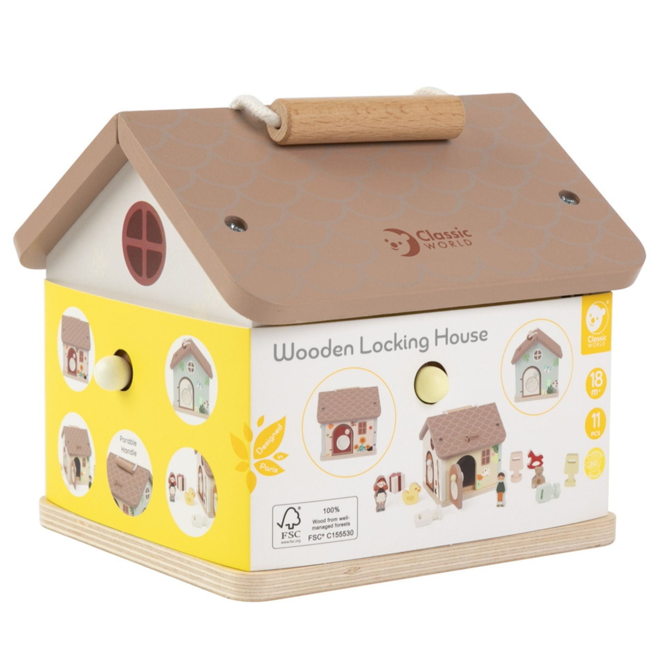 Casa educativa sensoriale in legno Classic World con serrature e chiavi 11 pezzi.