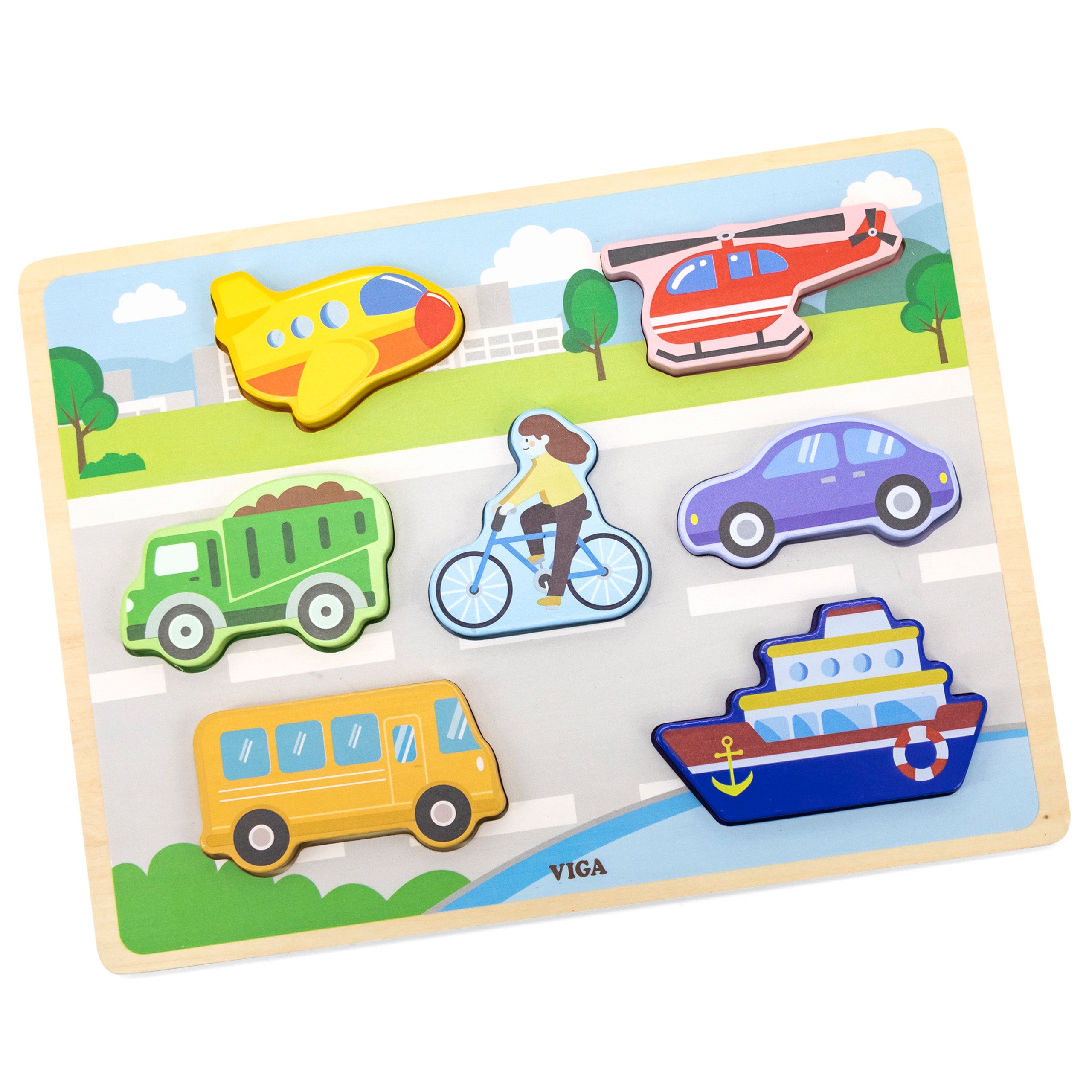 Viga Holzpuzzle Montessori 2-in-1 Figuren Fahrzeuge