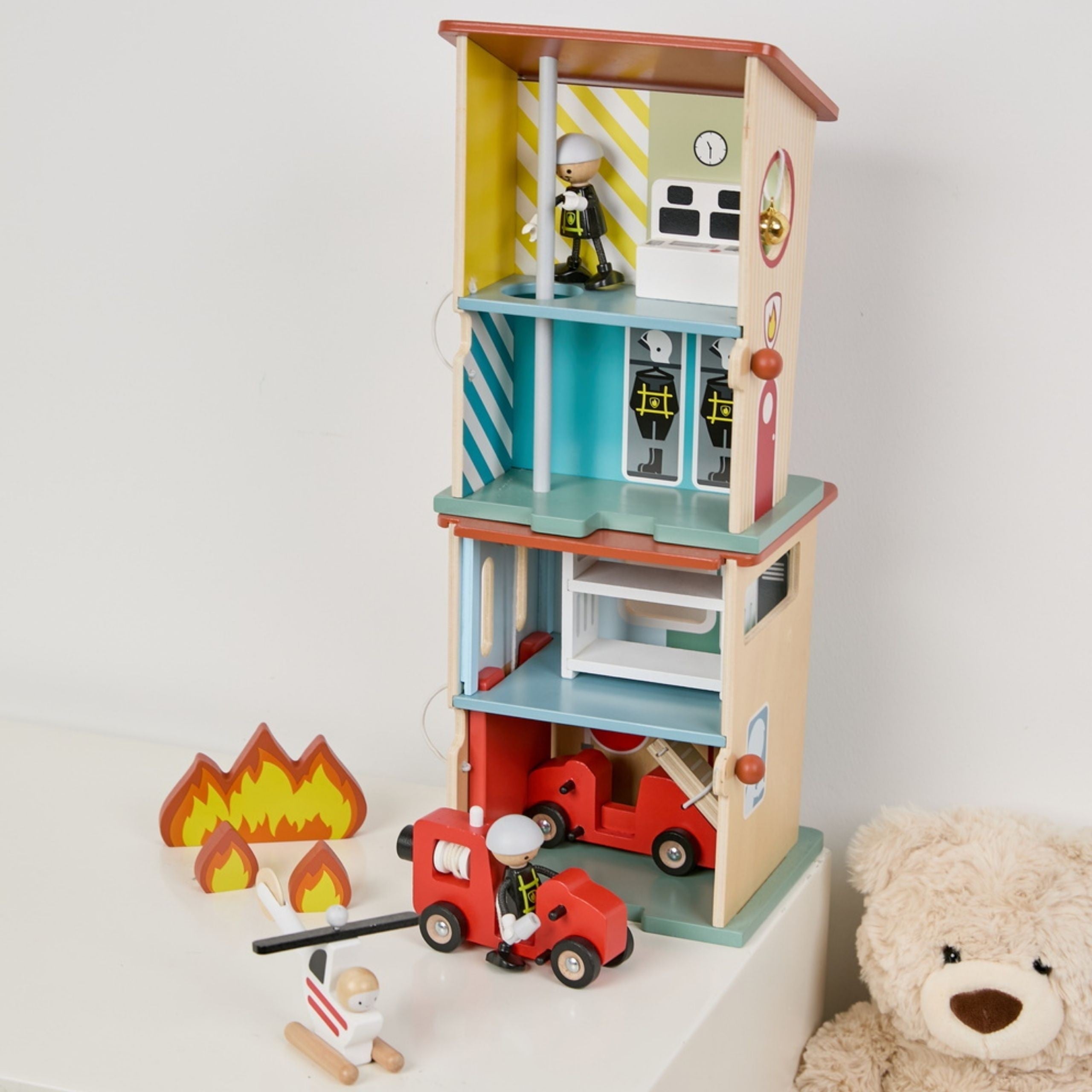 Classic World Wooden Fire Station Garage Car Helicopter Figures 13pcs.