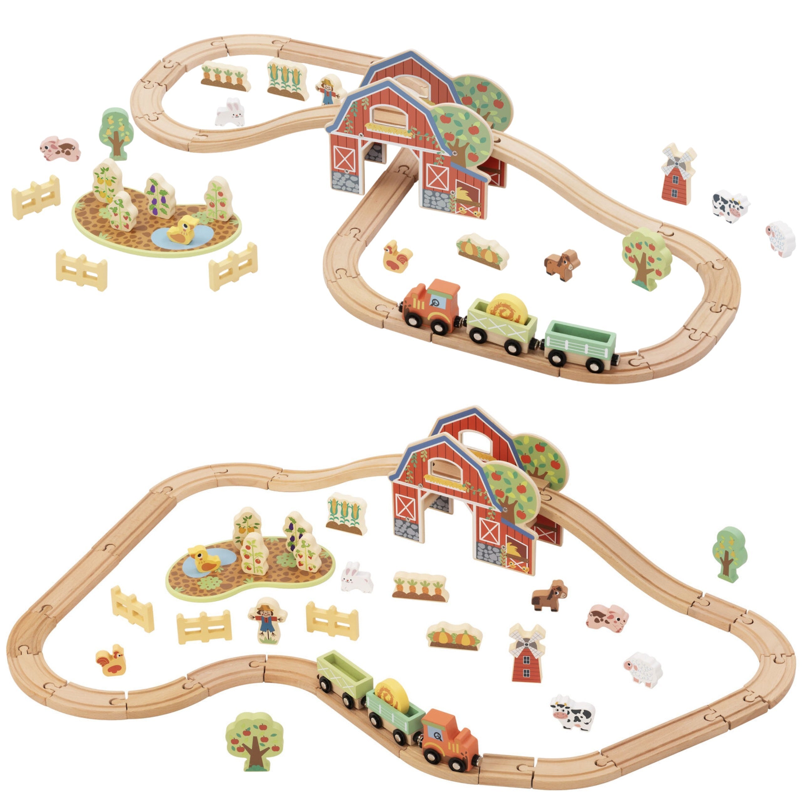 Tooky Toy Bauernhof-Eisenbahn-Set aus Holz, 48-tlg.