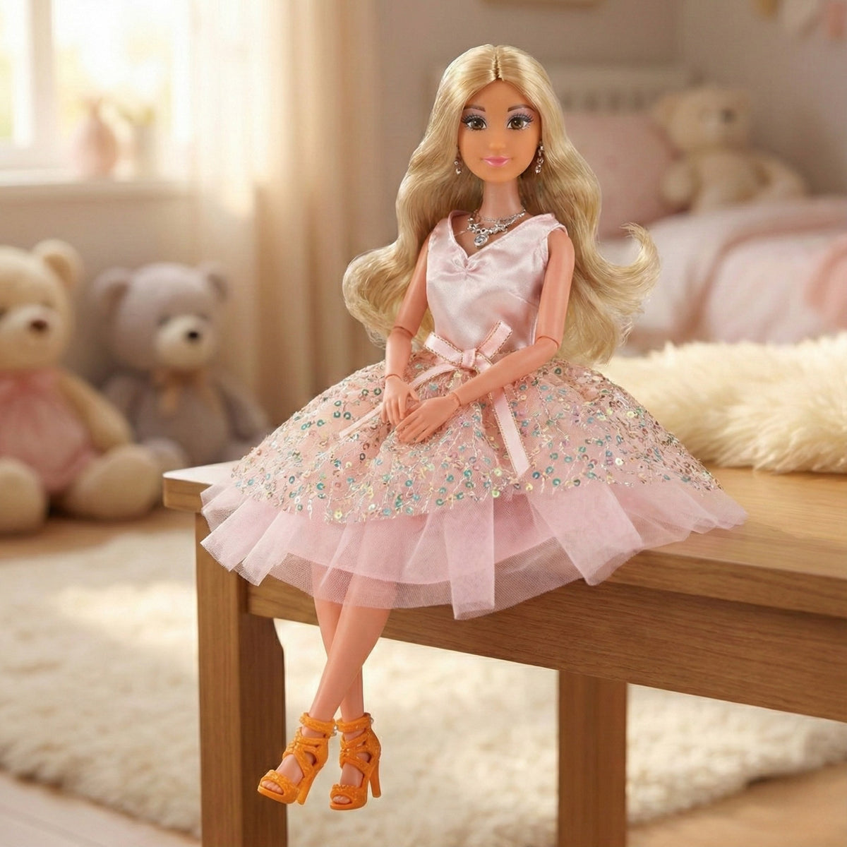 Woopie Royal Lily Doll 30 cm długie blond włosy różowa sukienka biżuteria