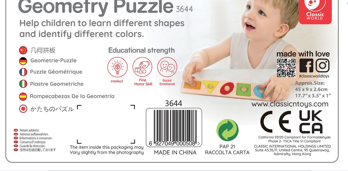 Puzzle géométrique en bois du monde classique trieur de formes Montessori apprentissage des couleurs 6 pièces.