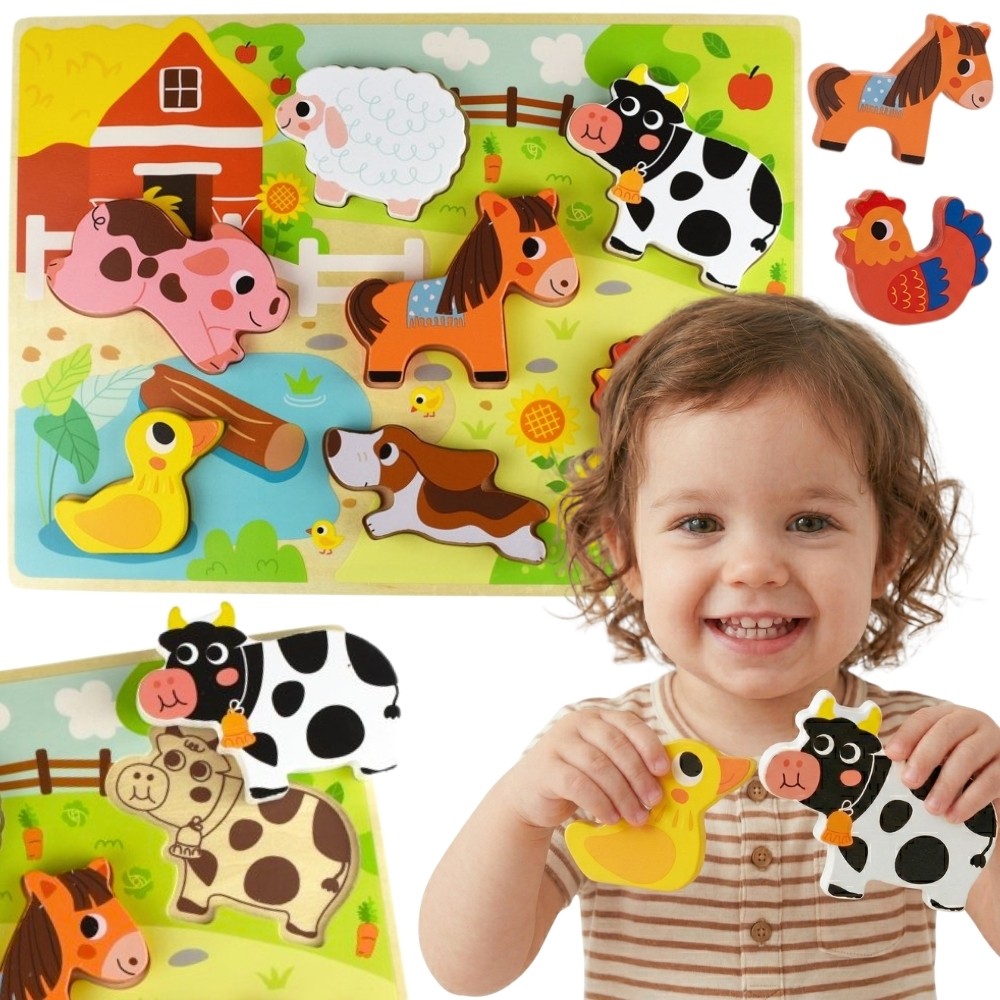 Играчка Tooky Дървен Монтесори Пъзел Животни Ферма Съвпадение Форми