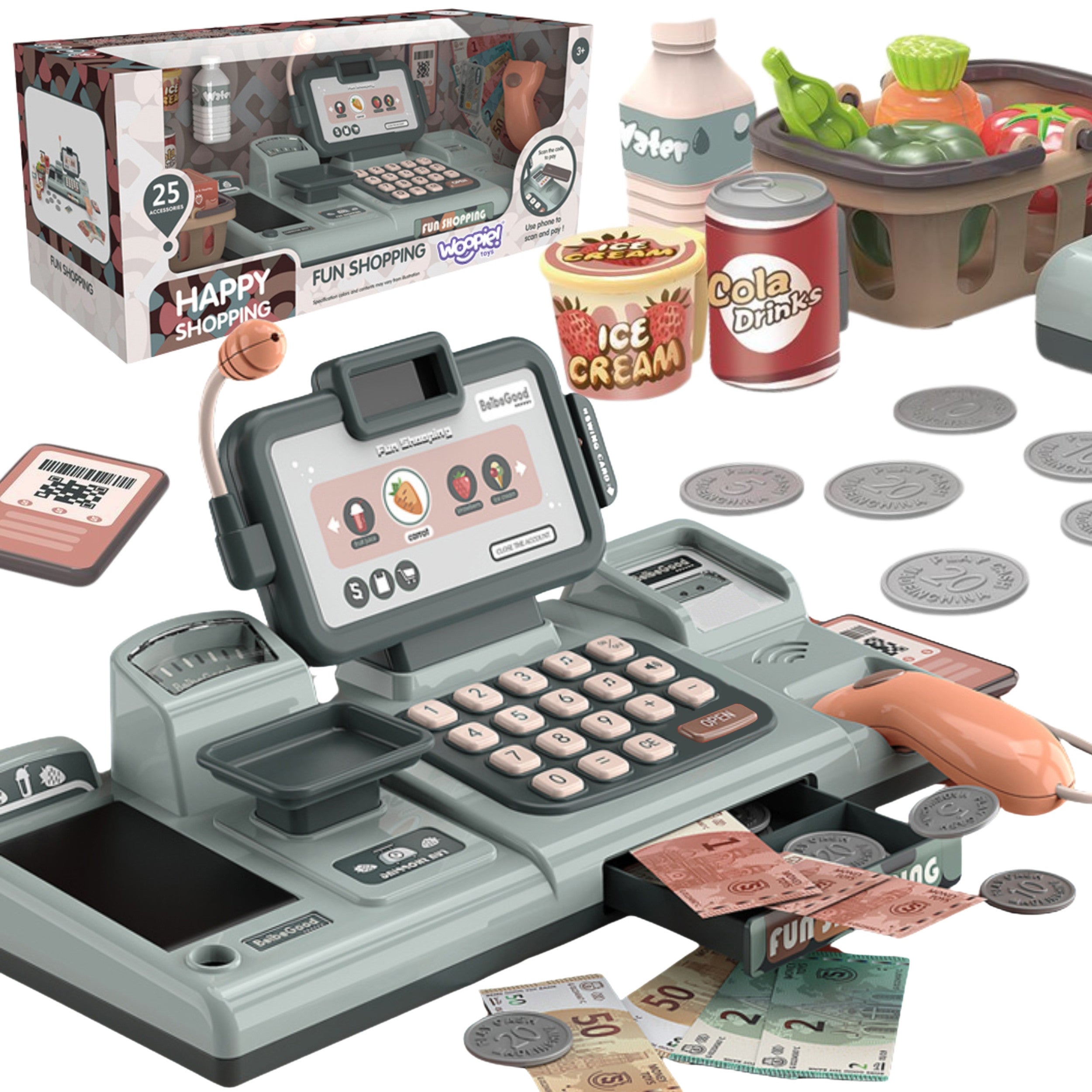 Woopie Kids' Cash Register Scanner Scale Microphone + 25 Accessories